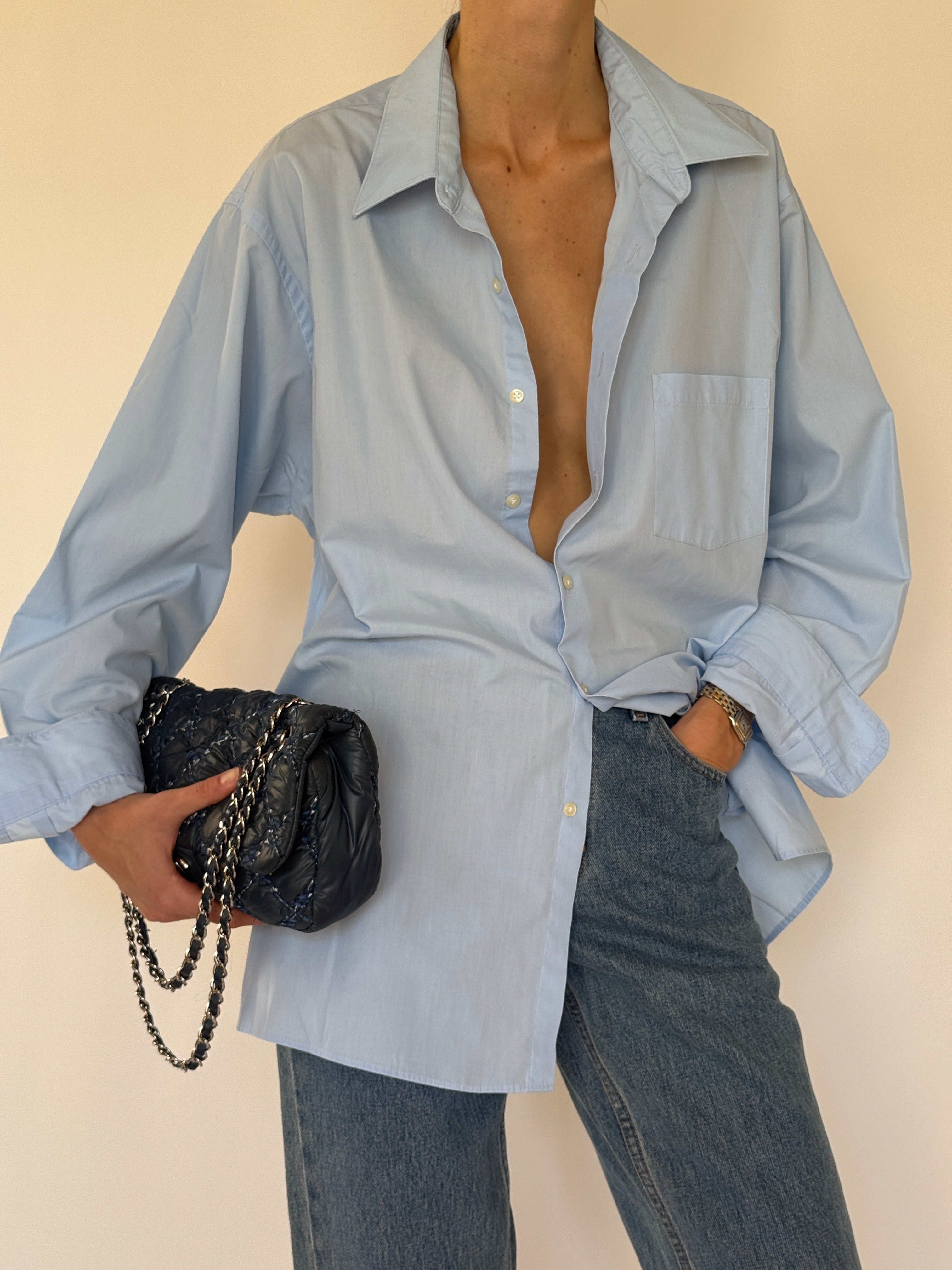 Vintage light blue oversized cotton shirt side view