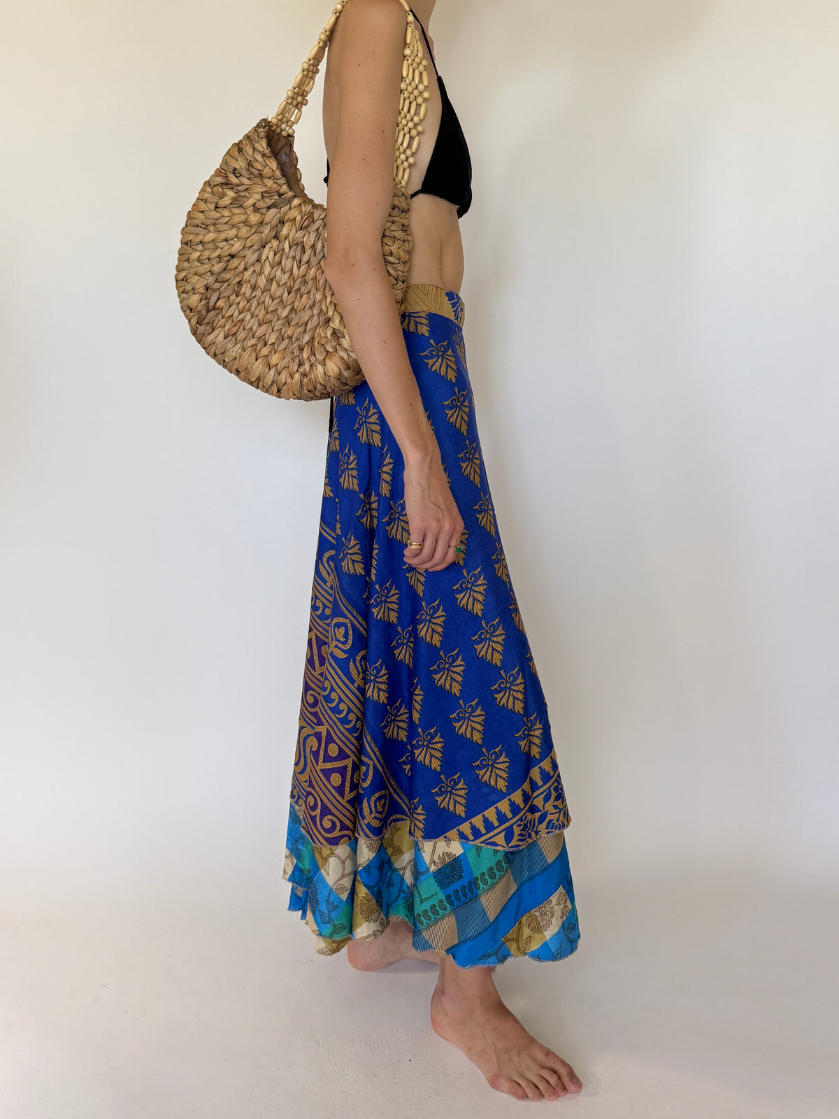 Vintage blue wrap maxi skirt side view