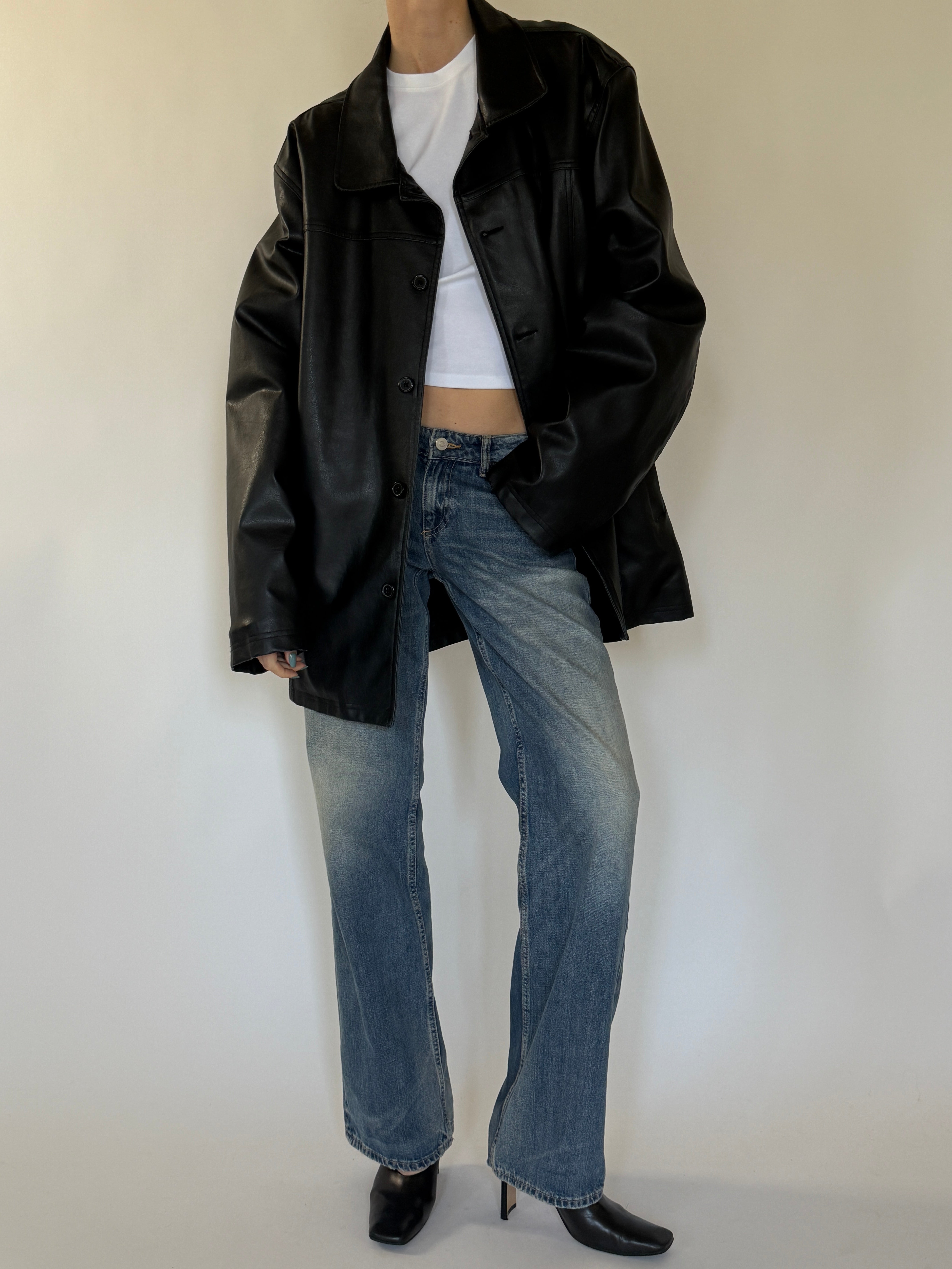Vintage oversized black leather jacket front view