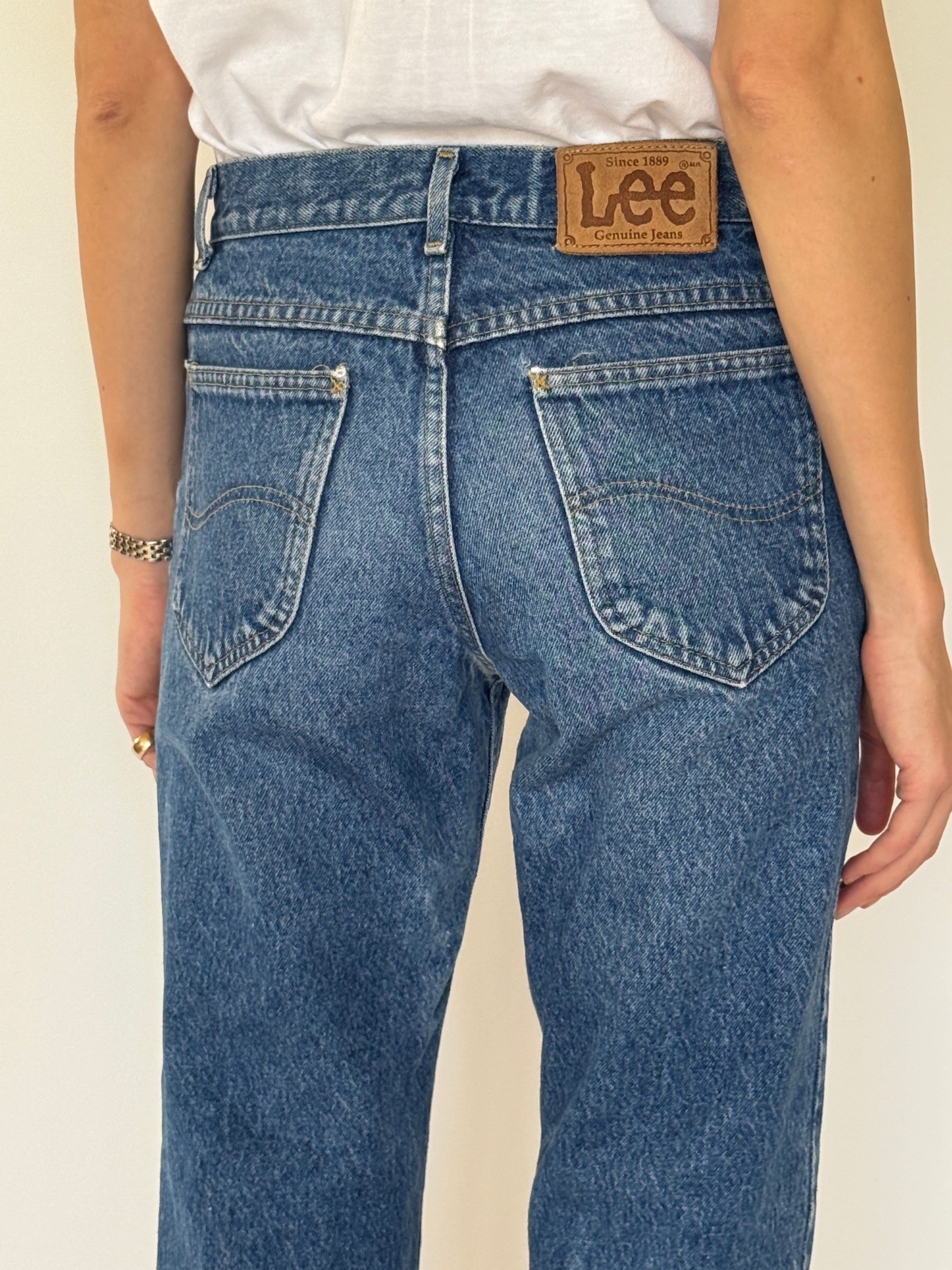 Vintage Lee straight-leg jeans blue back view leather Lee patch