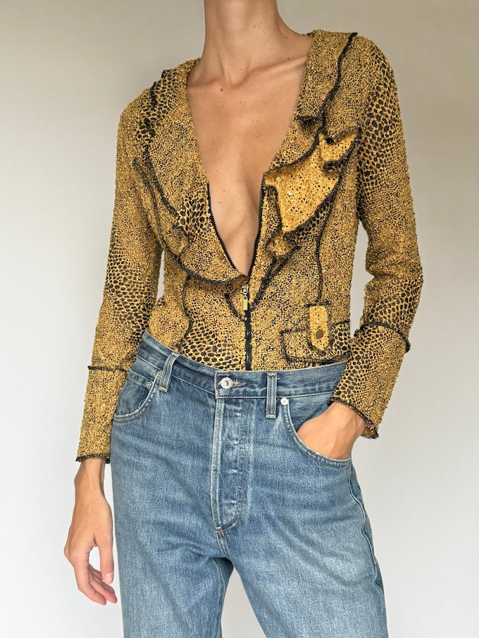 Vintage leopard print ruffle jacket top 6142