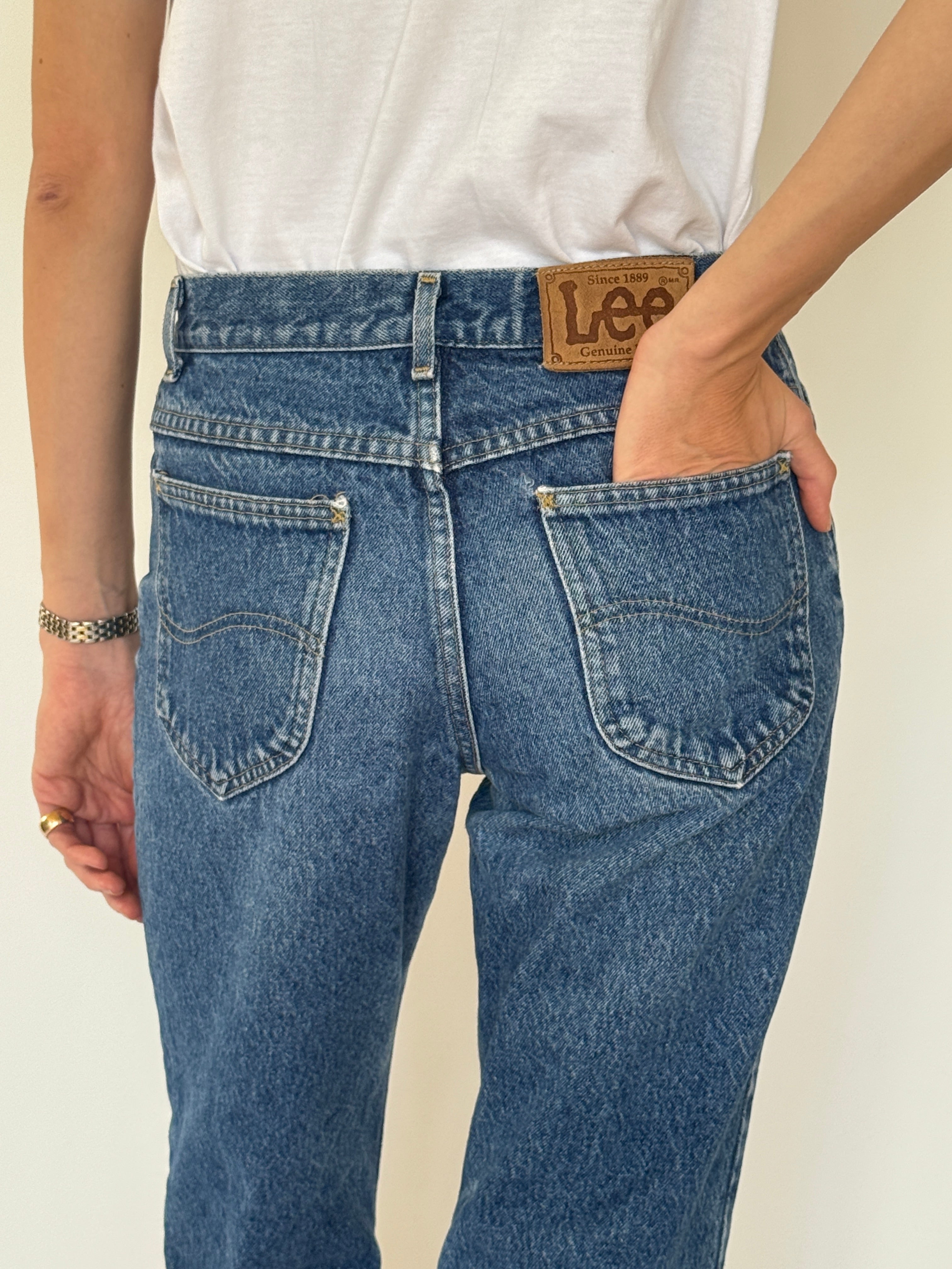 Vintage Lee straight-leg jeans blue back view leather Lee patch