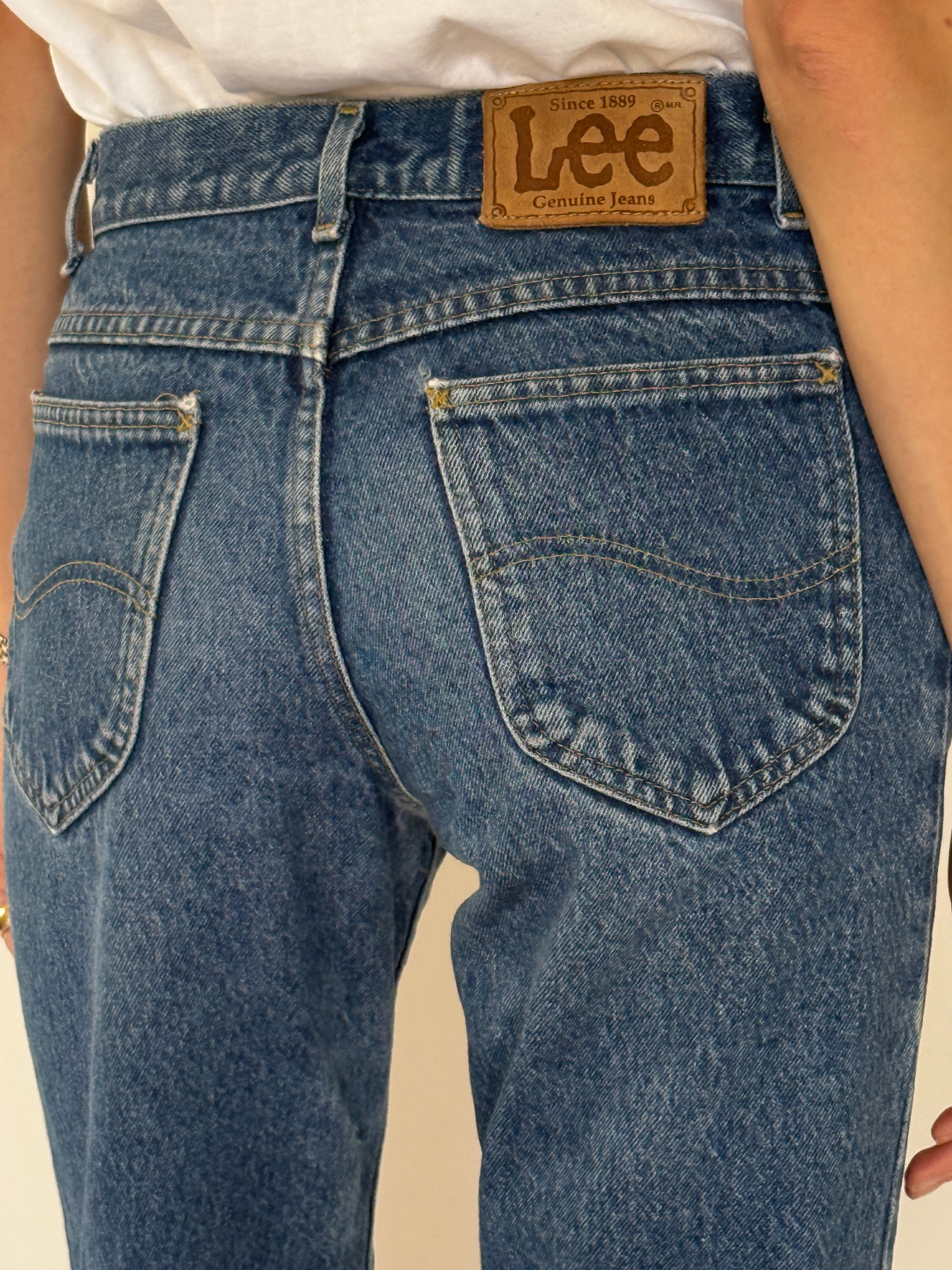 Vintage Lee straight-leg jeans blue back view leather Lee patch