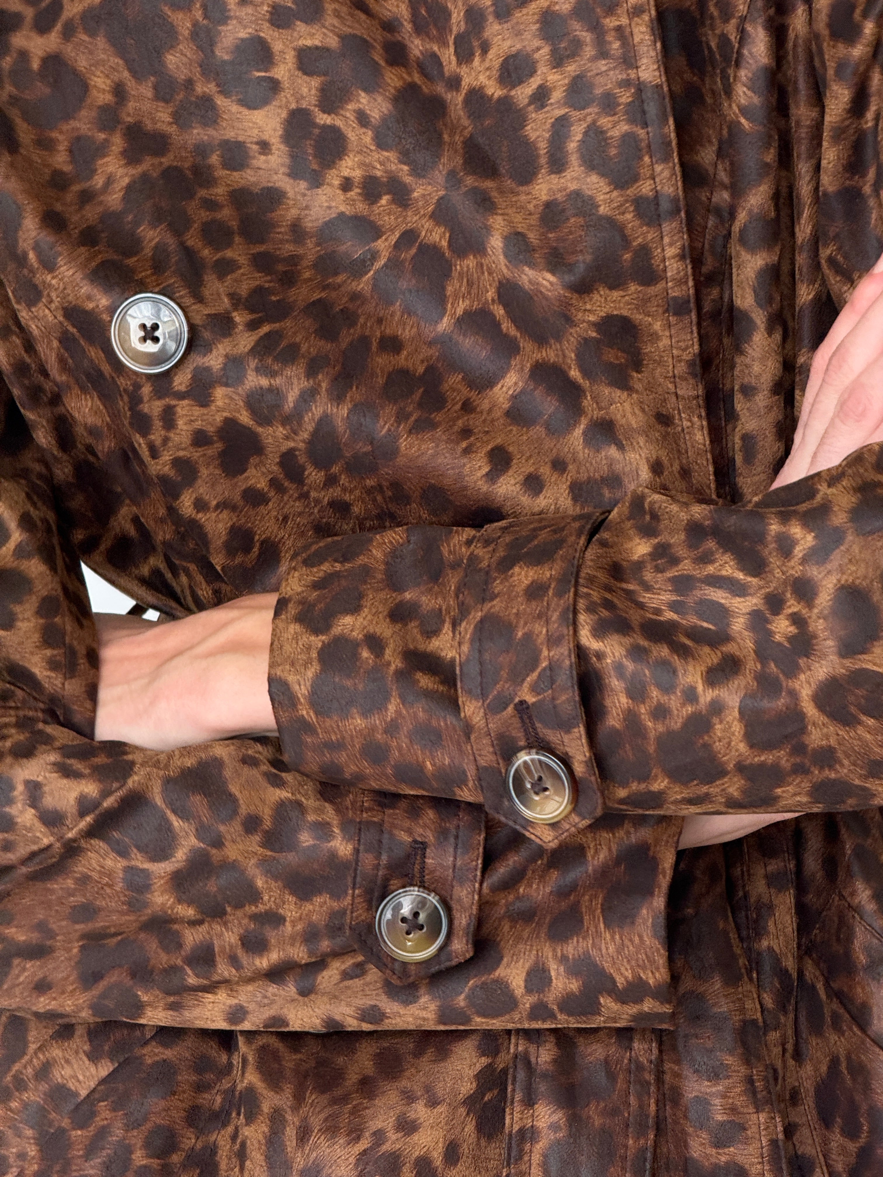 Vintage Leopard print trench coat vintage detail of buttons and fabric
