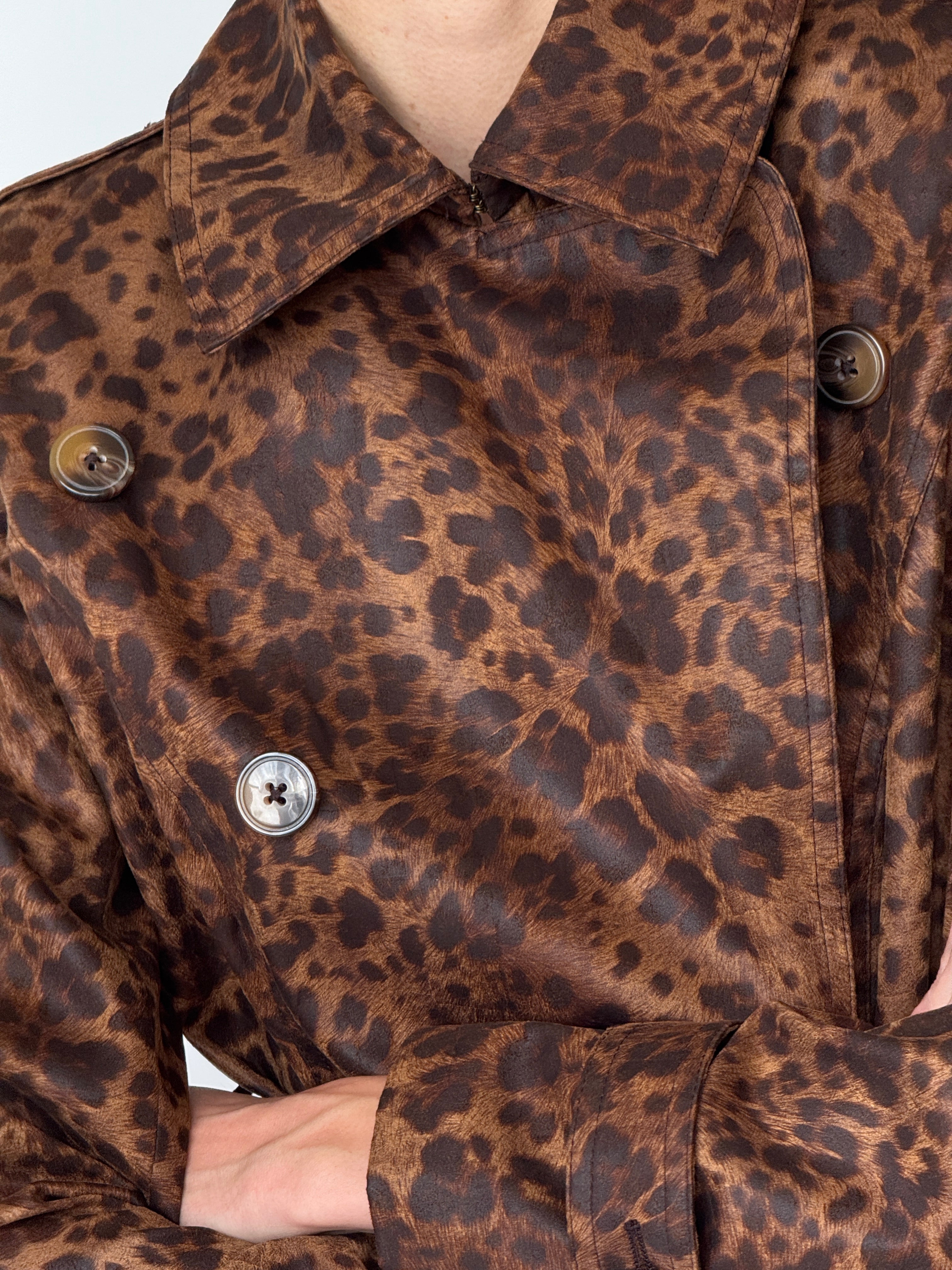 Vintage Leopard print trench coat vintage detail of buttons and fabric