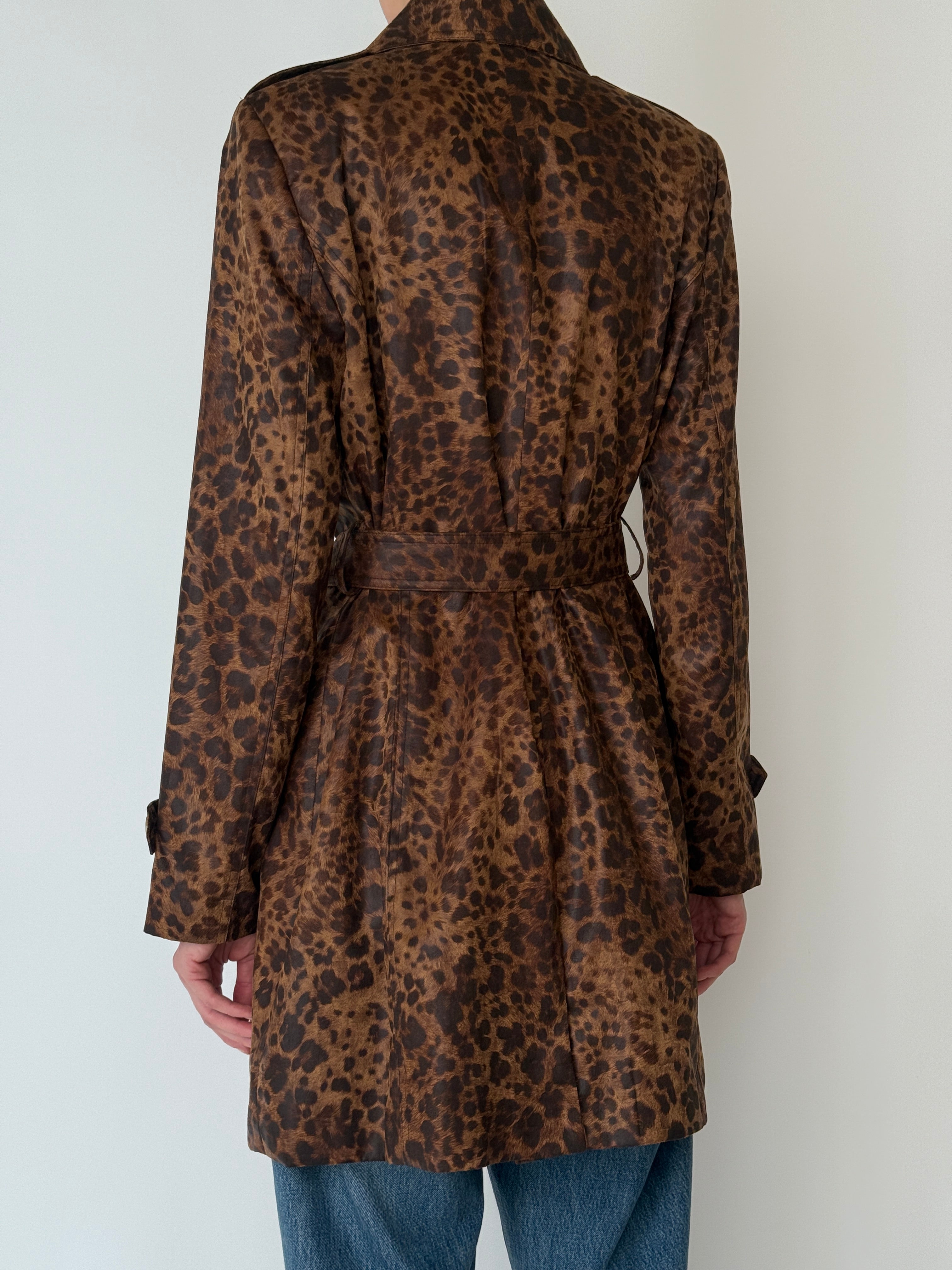 Vintage leopard trench coat side profile with long sleeves