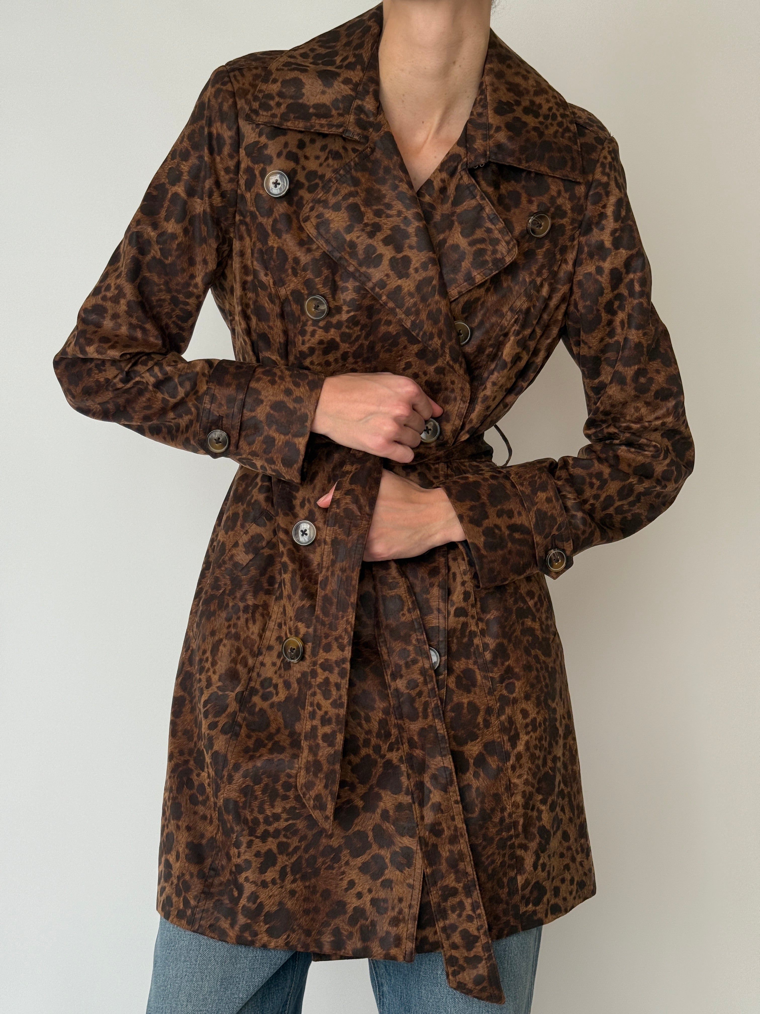 Vintage leopard trench coat side profile with long sleeves