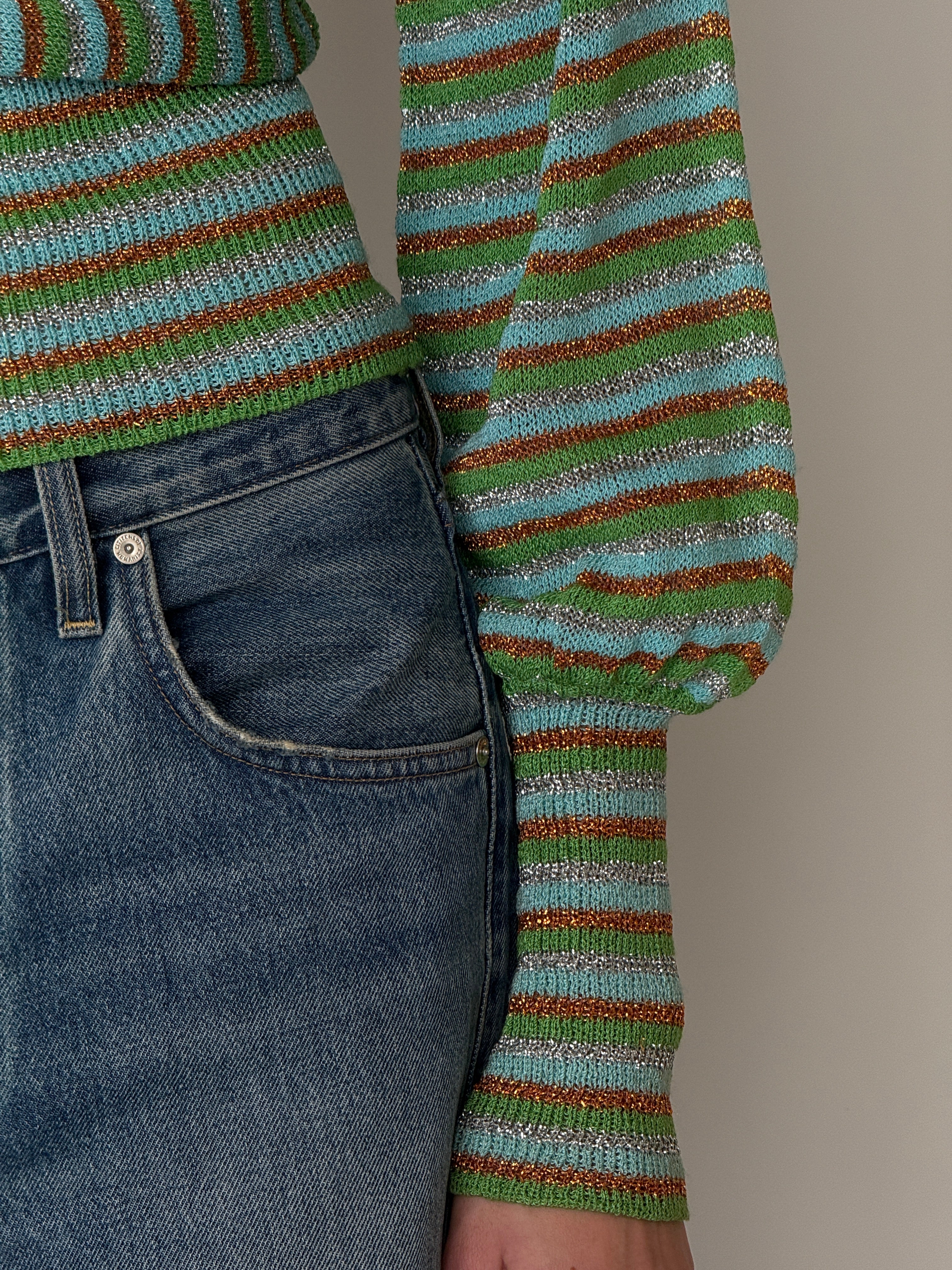 Vintage Green and blue striped metallic knit long sleeve top