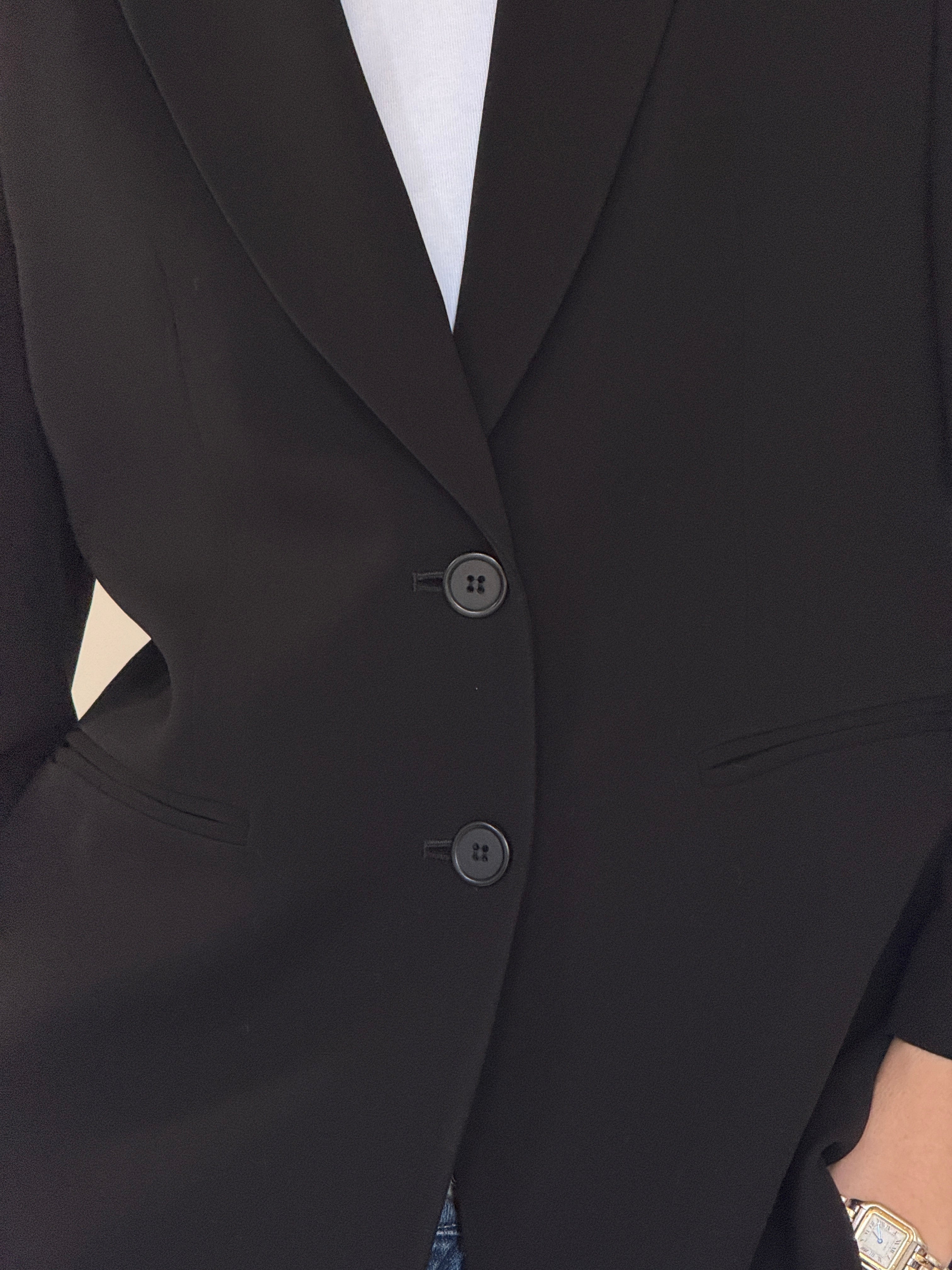 Vintage black blazer close-up of lapel and buttons