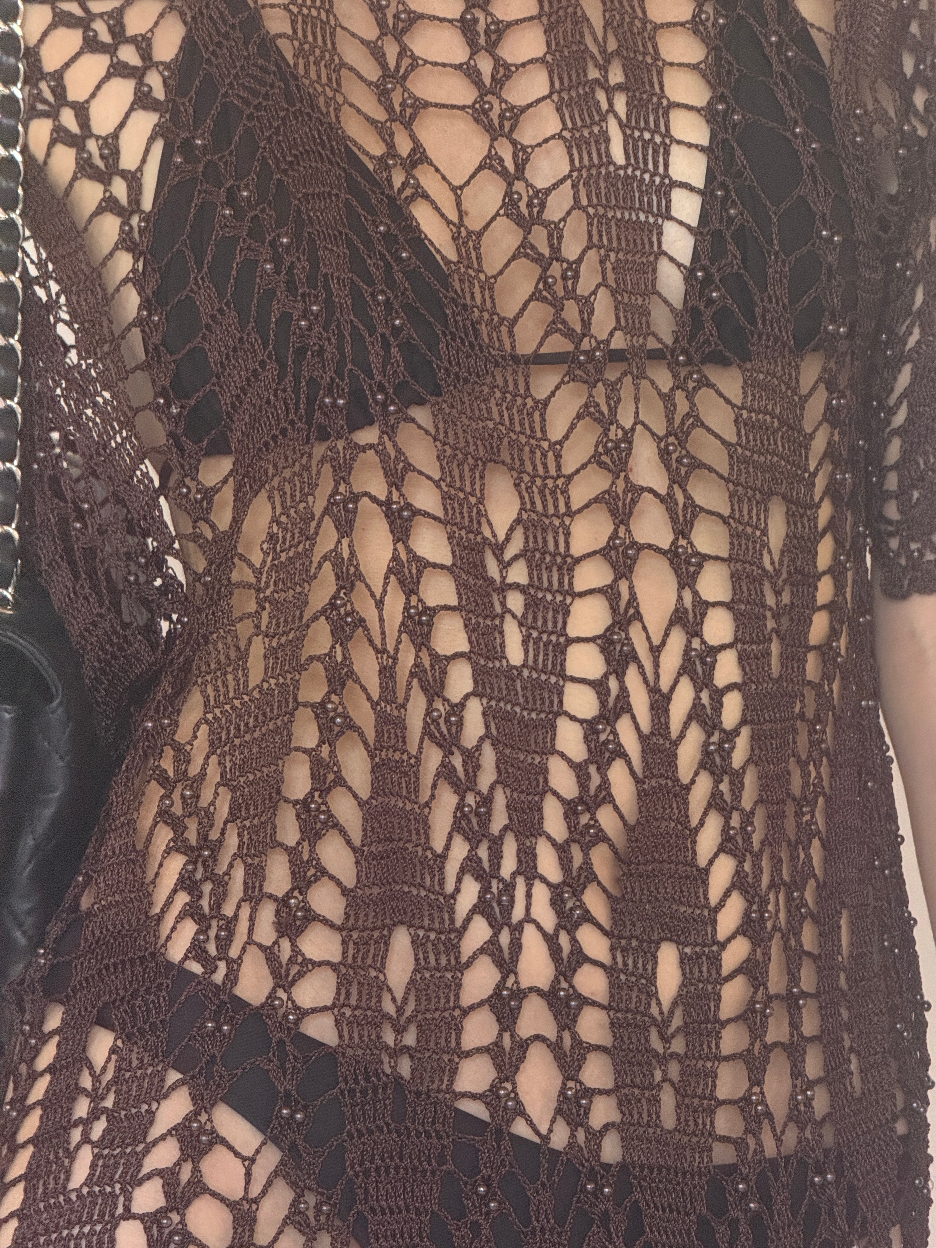 Vintage brown crochet swim cover-up front view