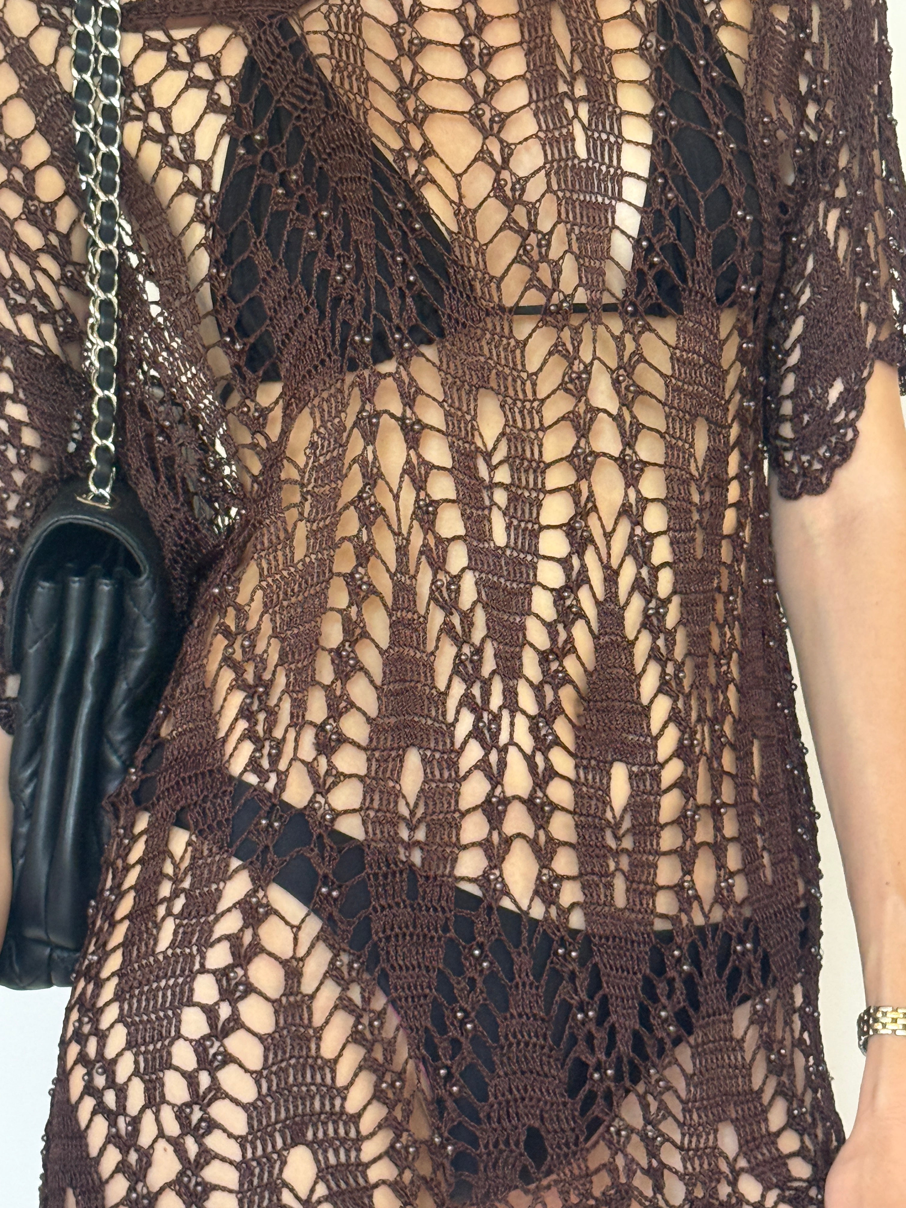 Vintage brown crochet swim cover-up front view