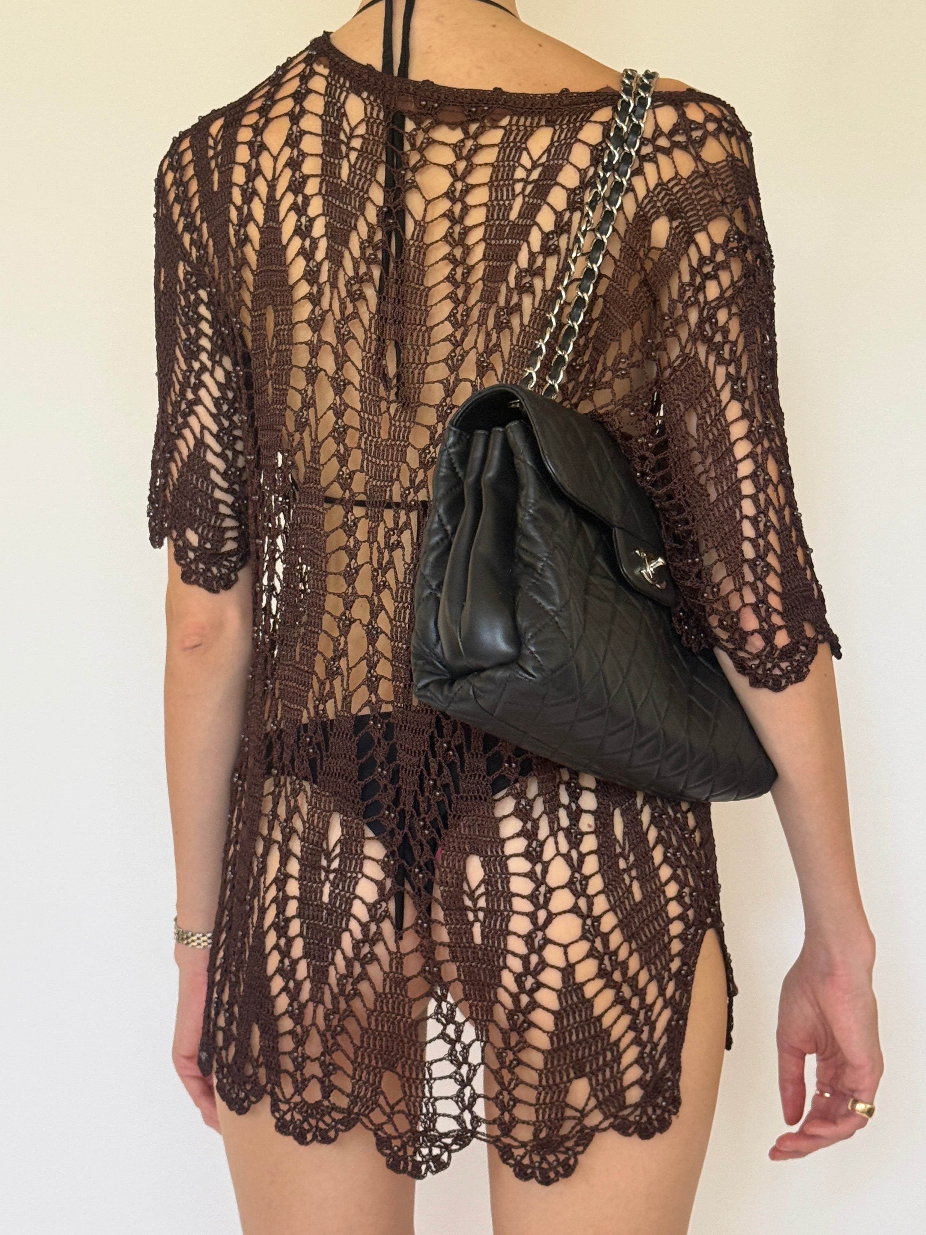 Vintage brown crochet swim cover-up back view