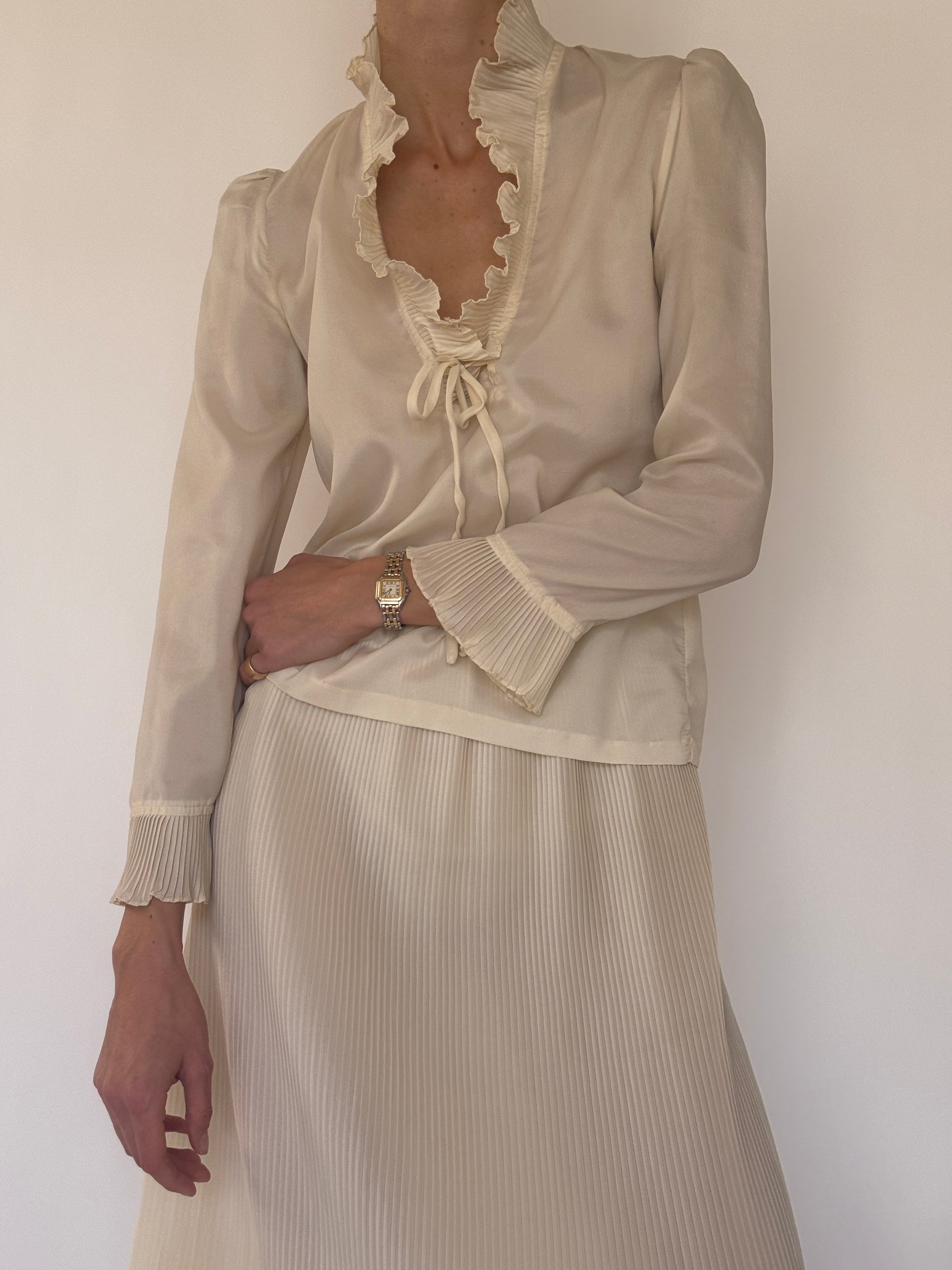 Vintage cream blouse and pleated skirt set front view