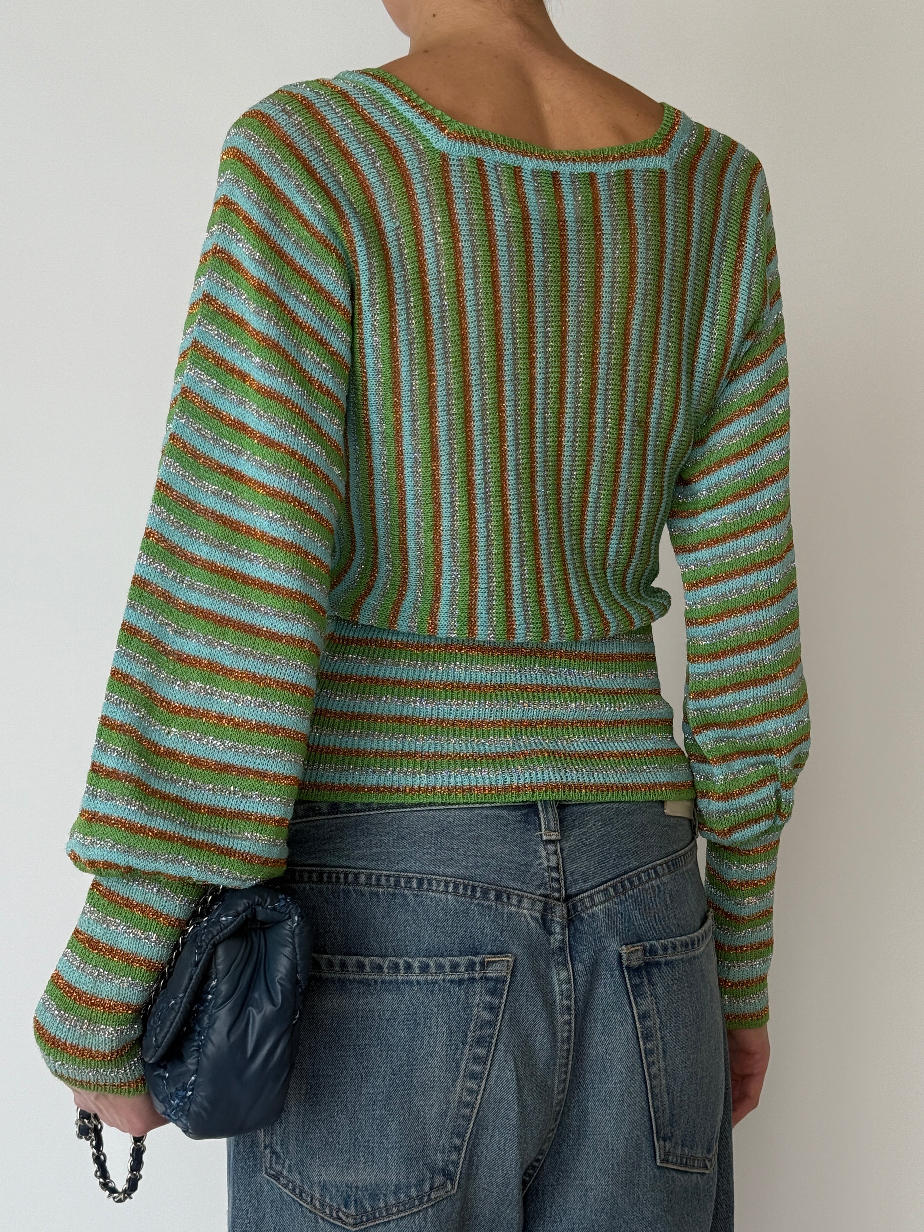 Vintage metallic stripe knit top with green blue and copper tones back view