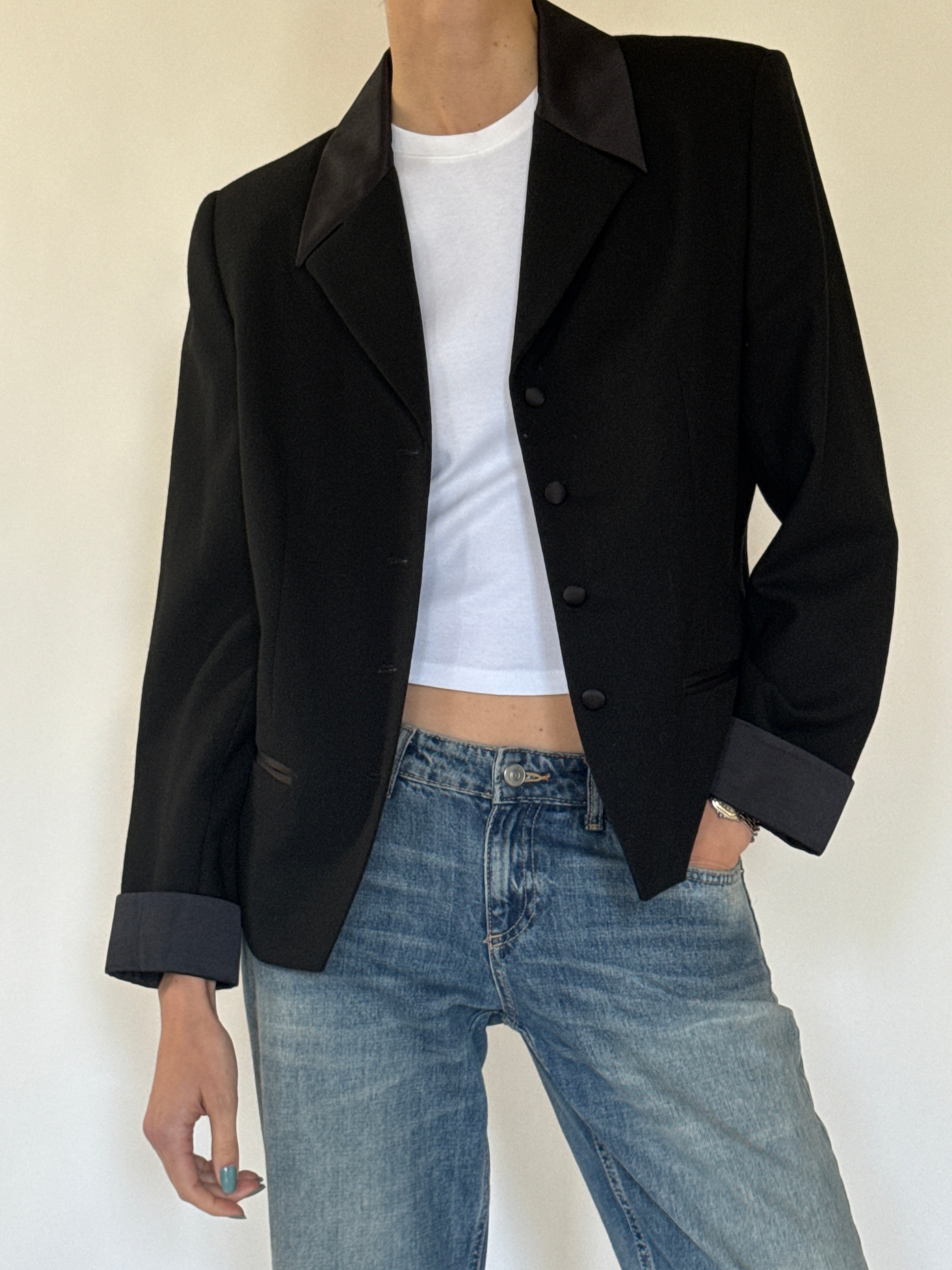 Vintage black blazer satin button detail