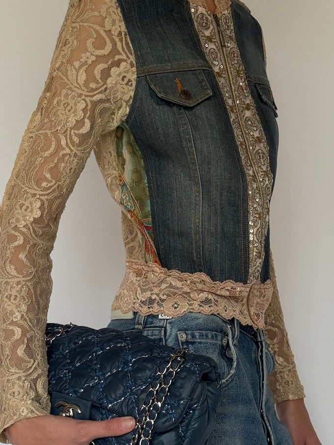 Vintage Lace & Denim Embellished Jacket 6635