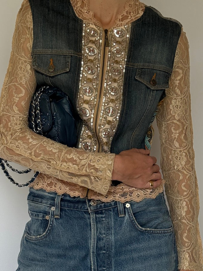 Vintage Lace & Denim Embellished Jacket 6635