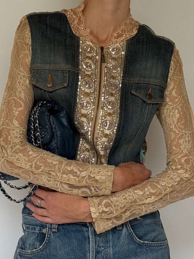 Vintage Lace & Denim Embellished Jacket 6635