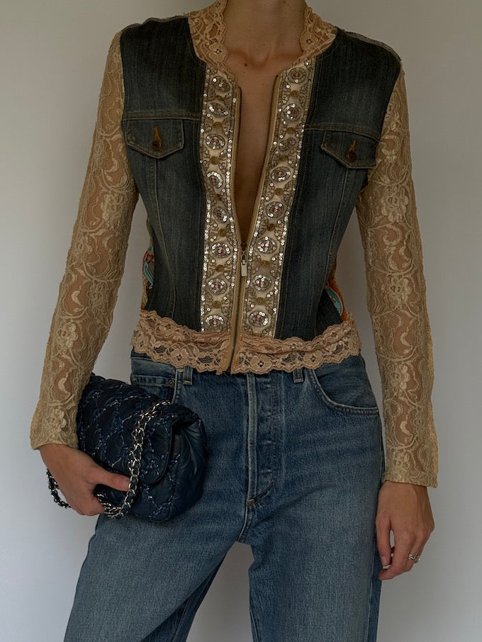 Vintage Lace & Denim Embellished Jacket 6635