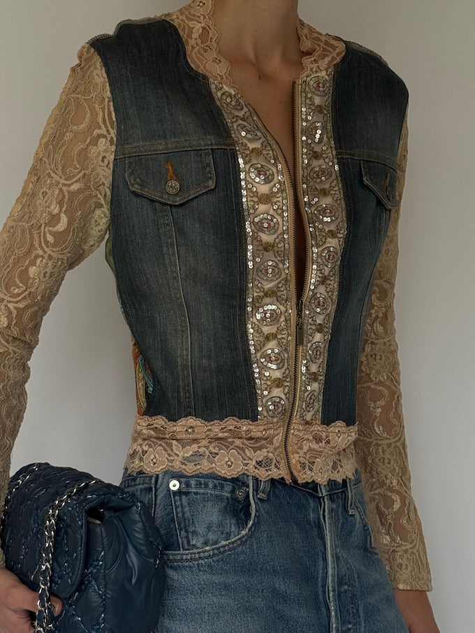 Vintage Lace & Denim Embellished Jacket 6635