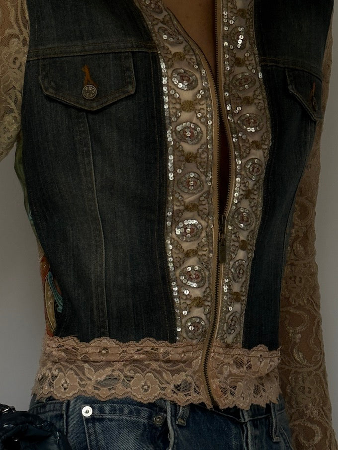 Vintage Lace & Denim Embellished Jacket 6635