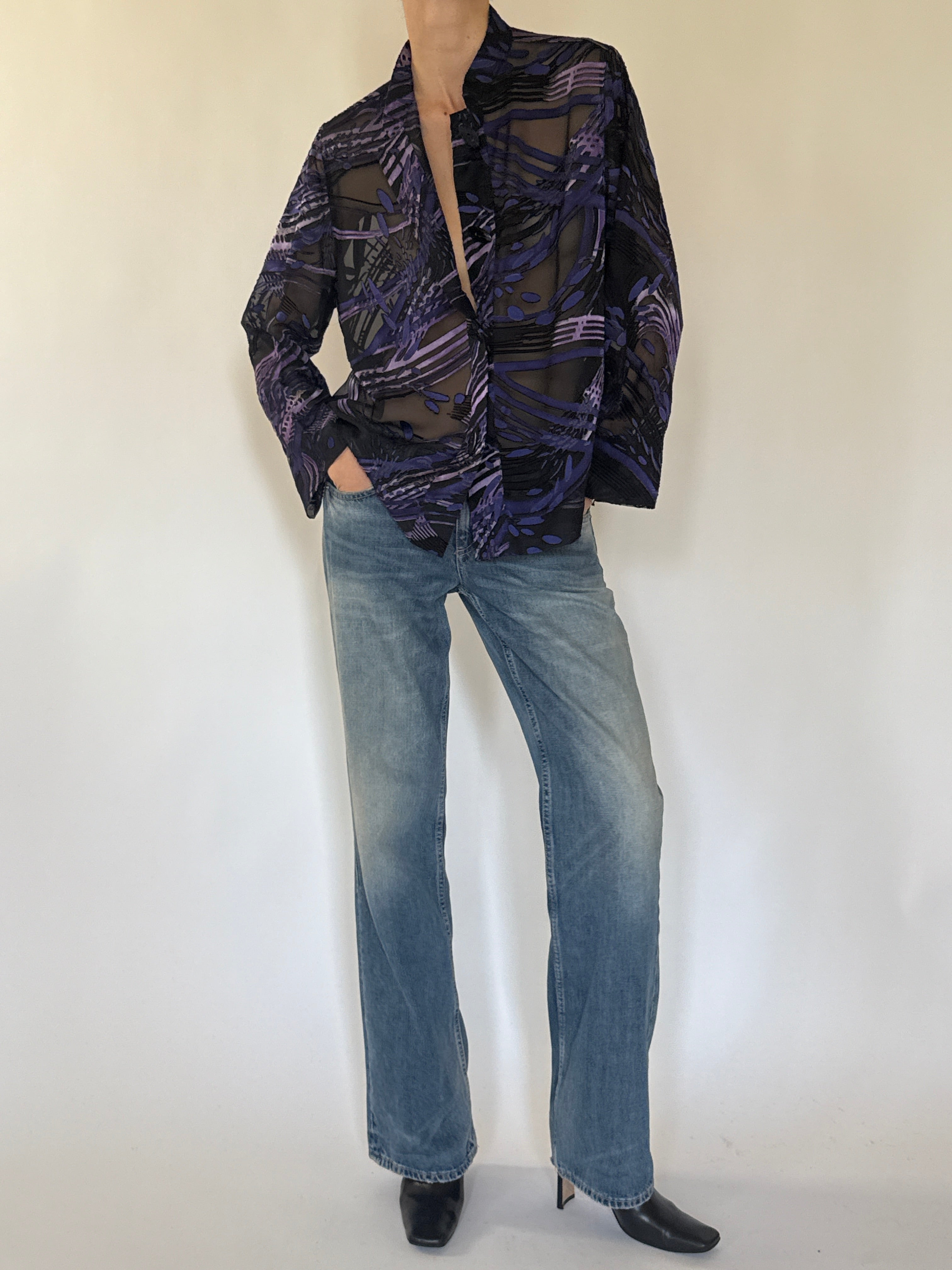 Vintage sheer purple abstract blouse front view