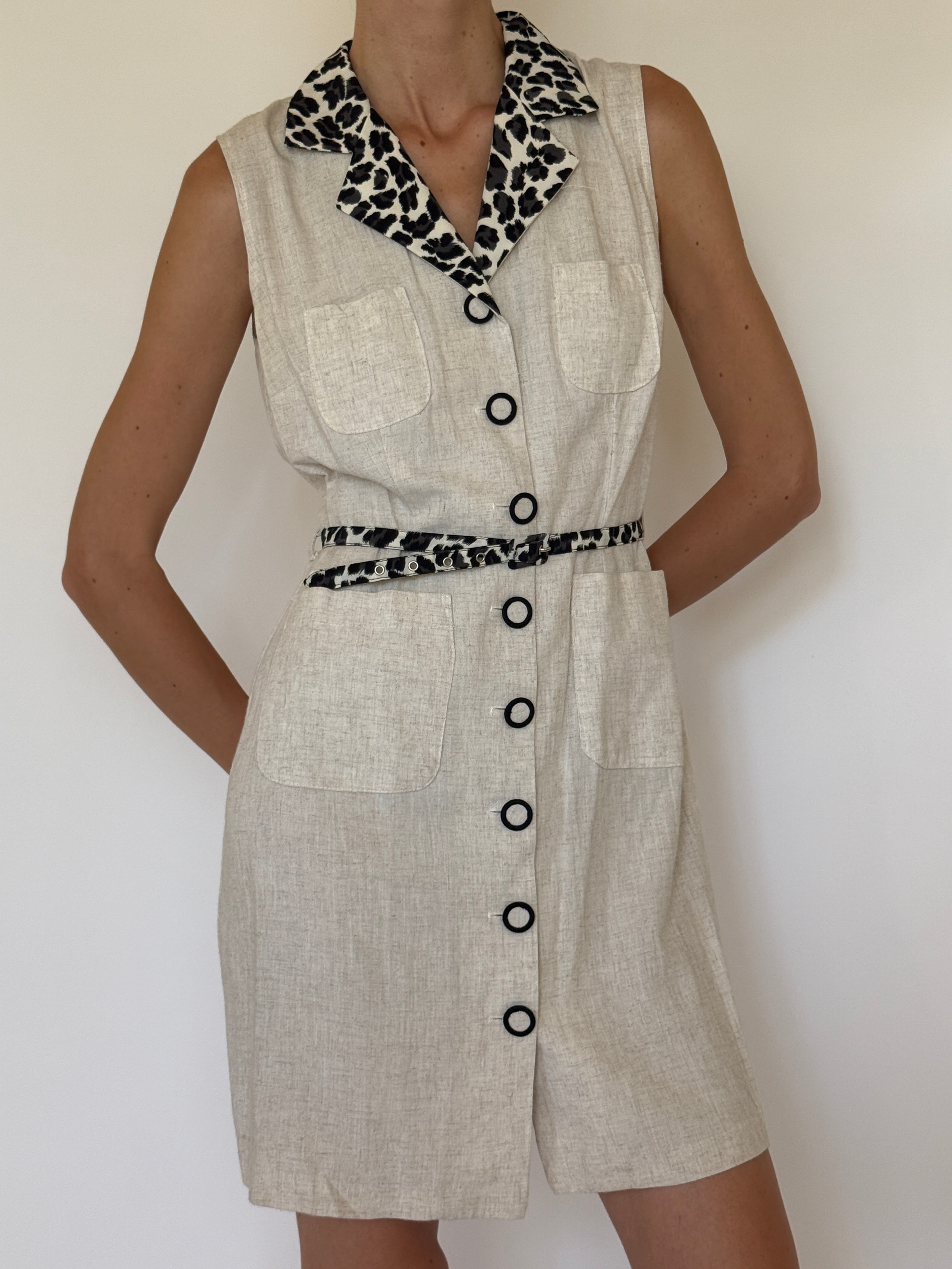 Vintage oatmeal sleeveless safari mini dress front view