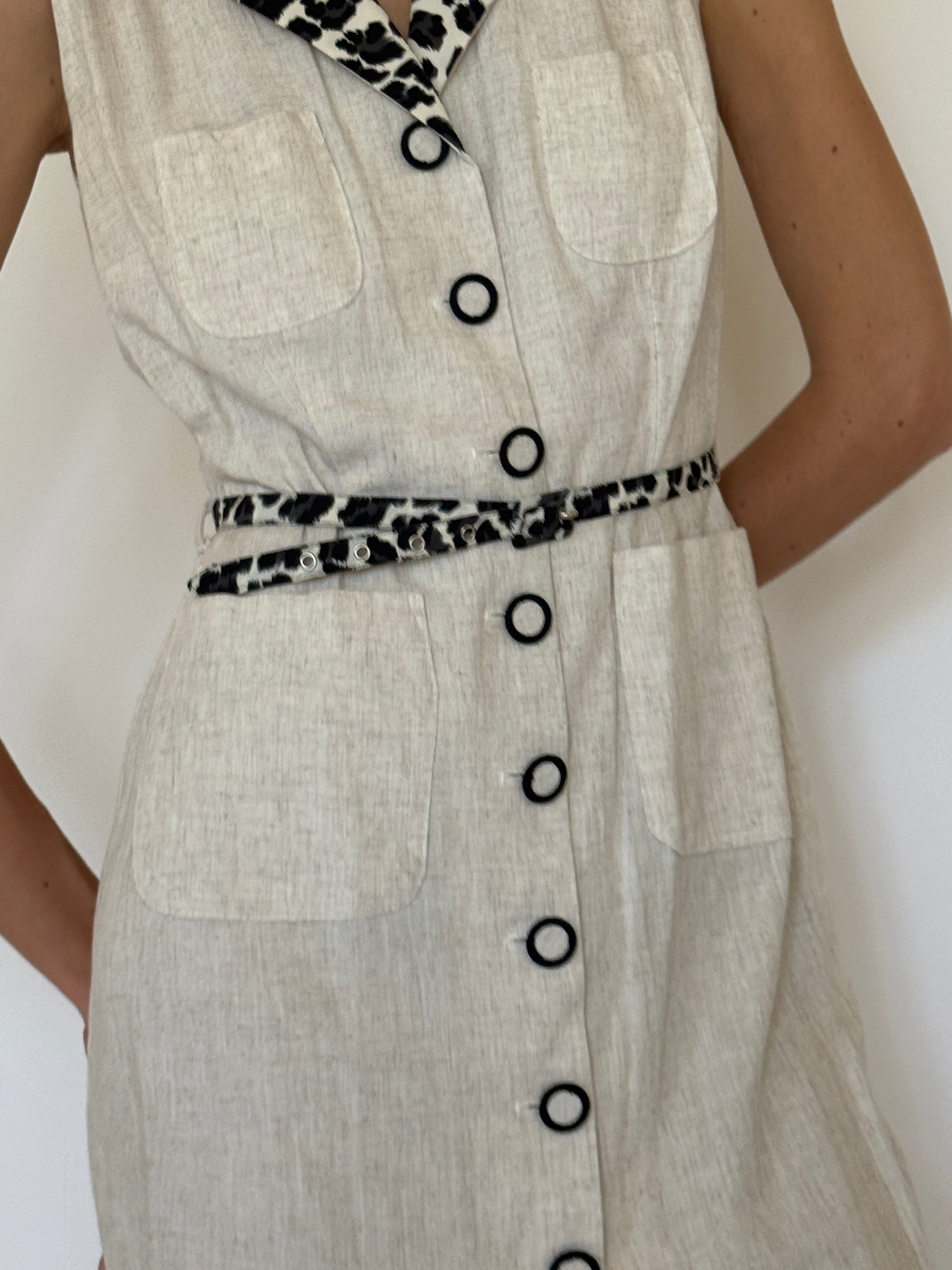 Vintage oatmeal sleeveless safari mini dress front view