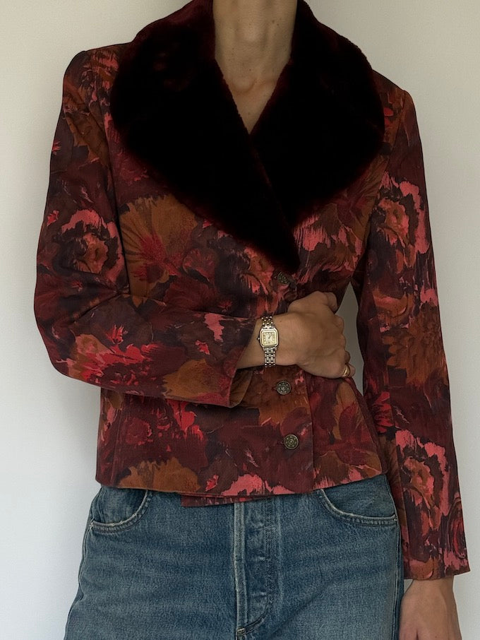 Vintage Floral Jacquard Faux-Collar Blazer 6636