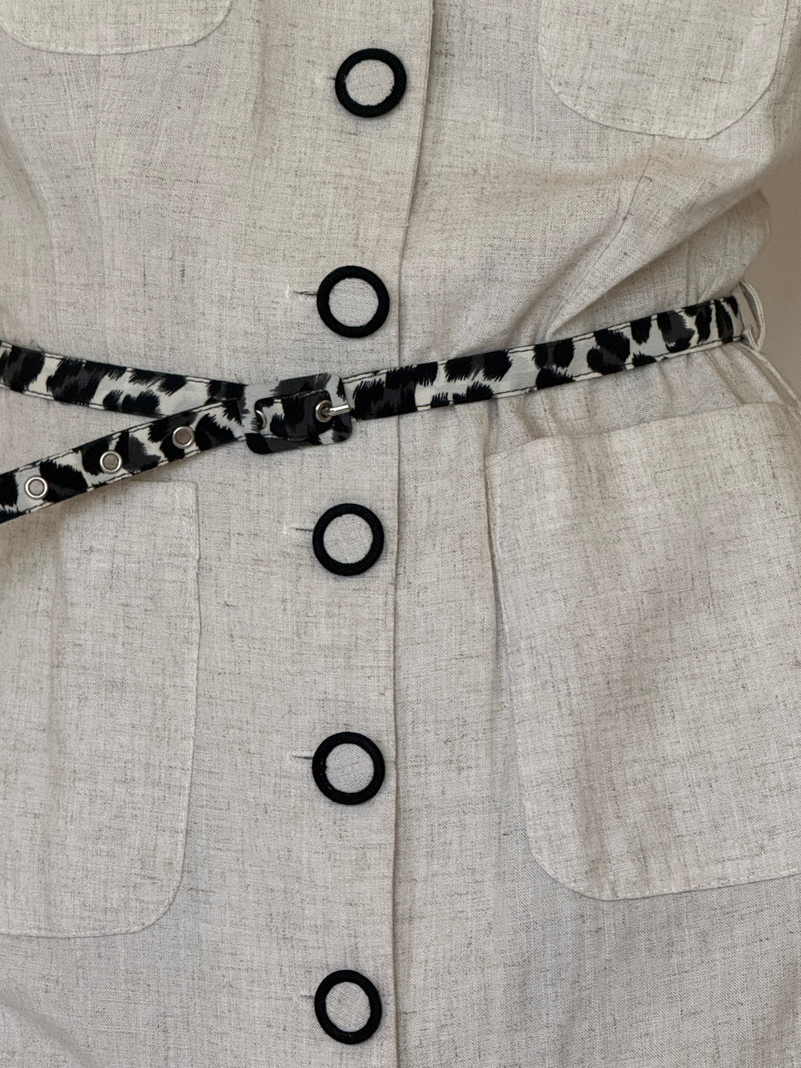 Vintage oatmeal safari mini dress black-trimmed button detail
