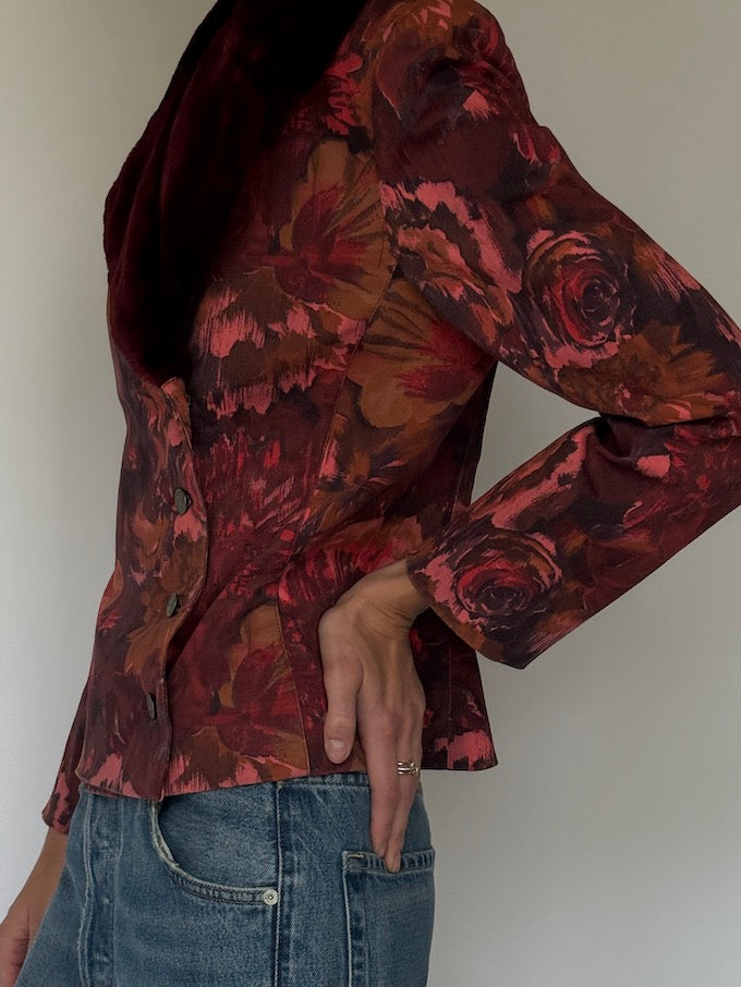 Vintage Floral Jacquard Faux-Collar Blazer 6636