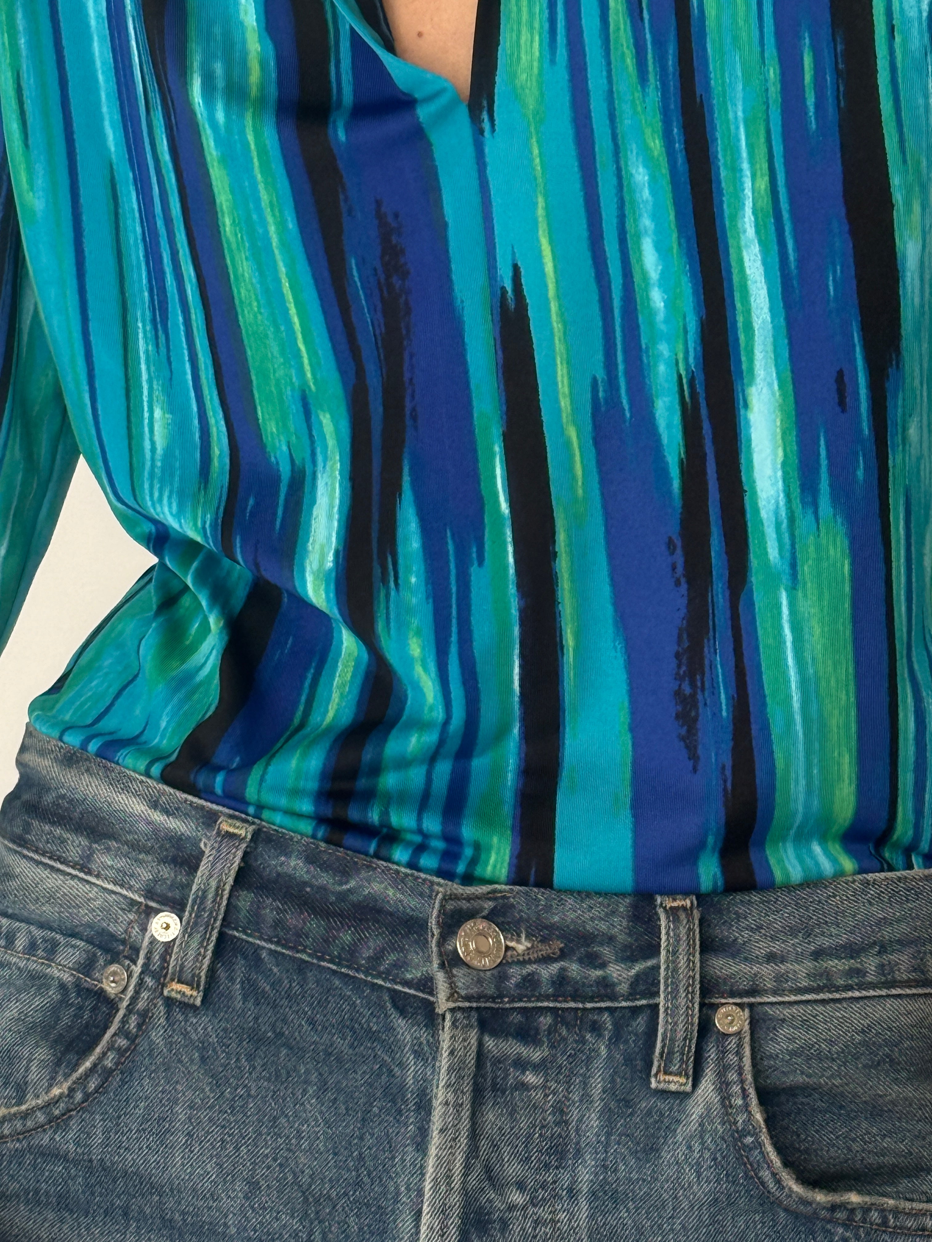 Vintage Abstract Stripe Top Blue  6505
