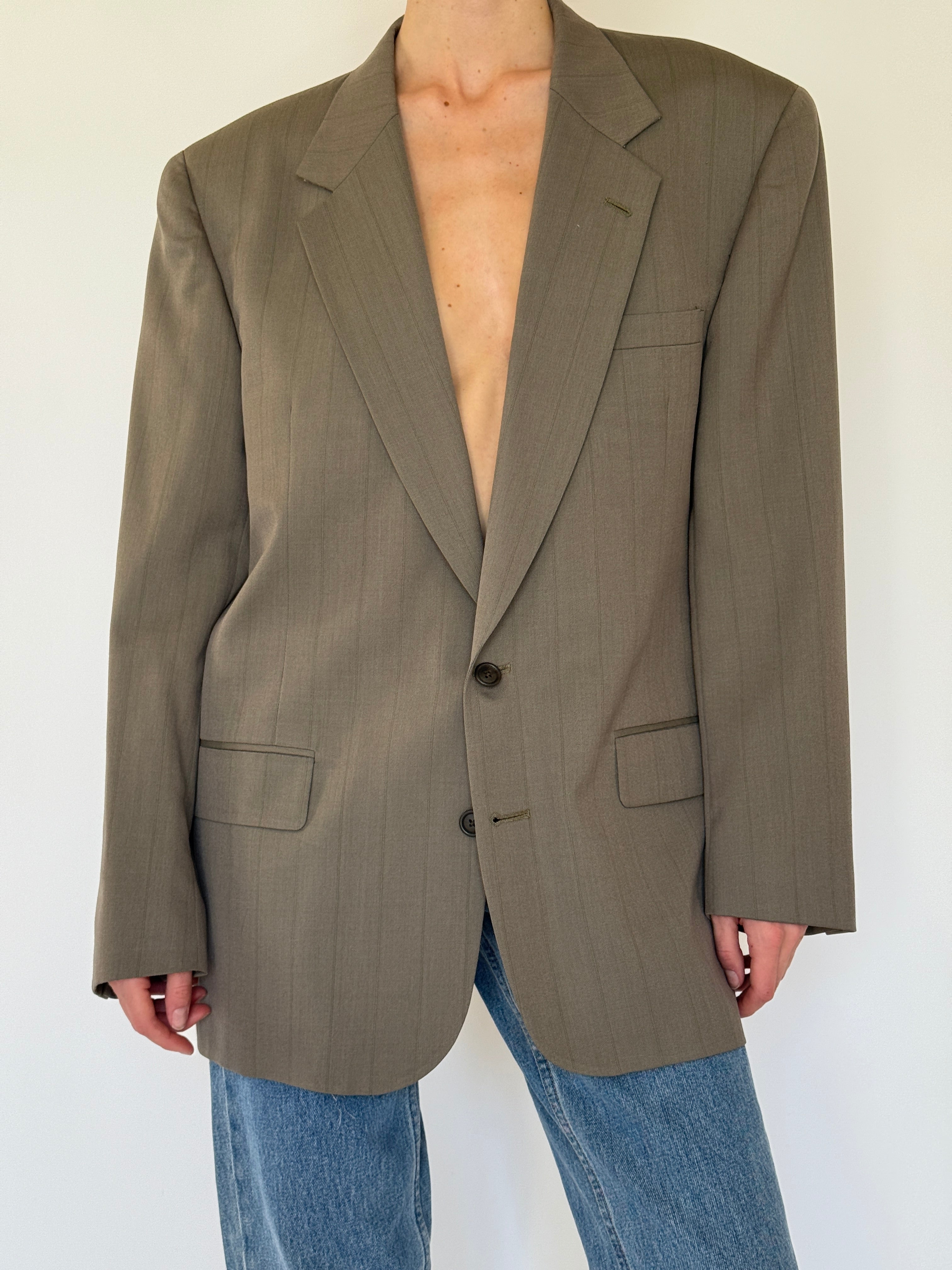 Vintage taupe oversized pinstripe blazer front view
