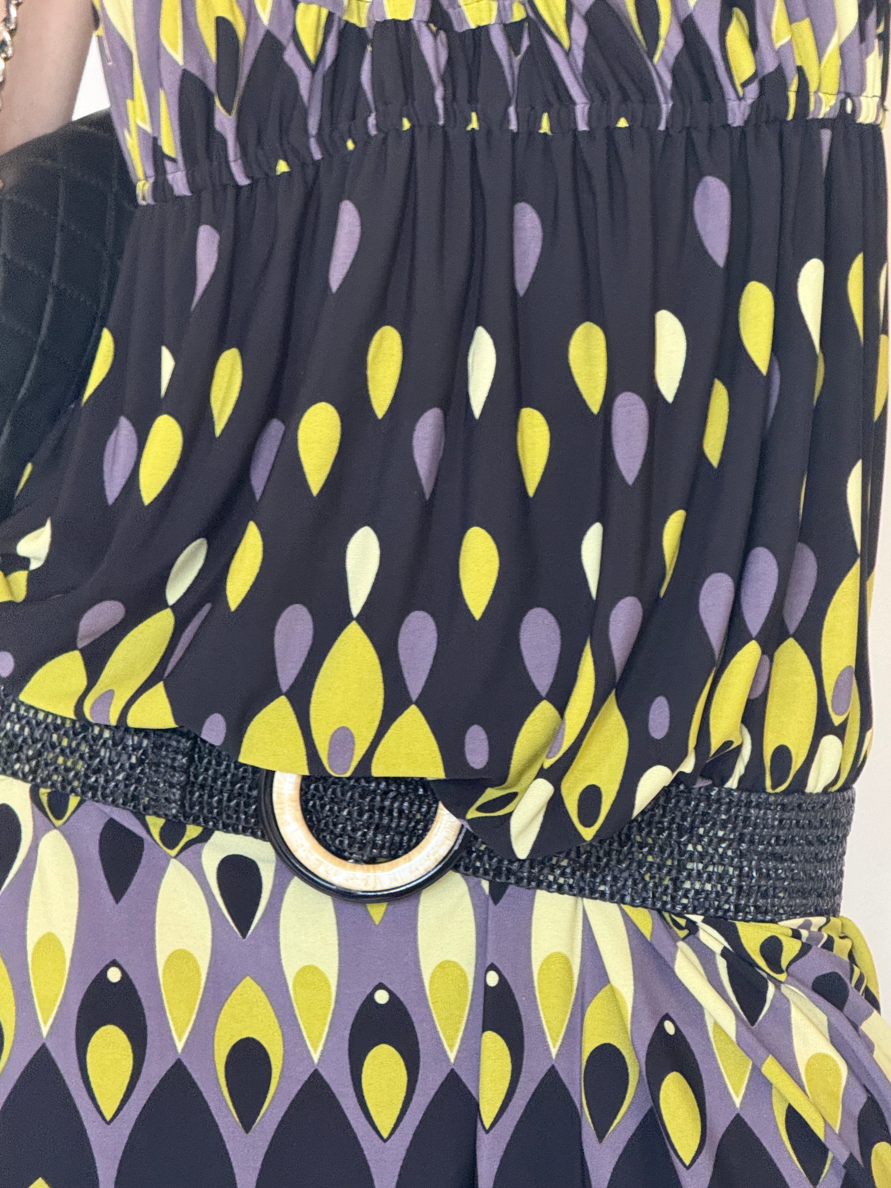 Vintage geometric print halter mini dress geometric print close-up.