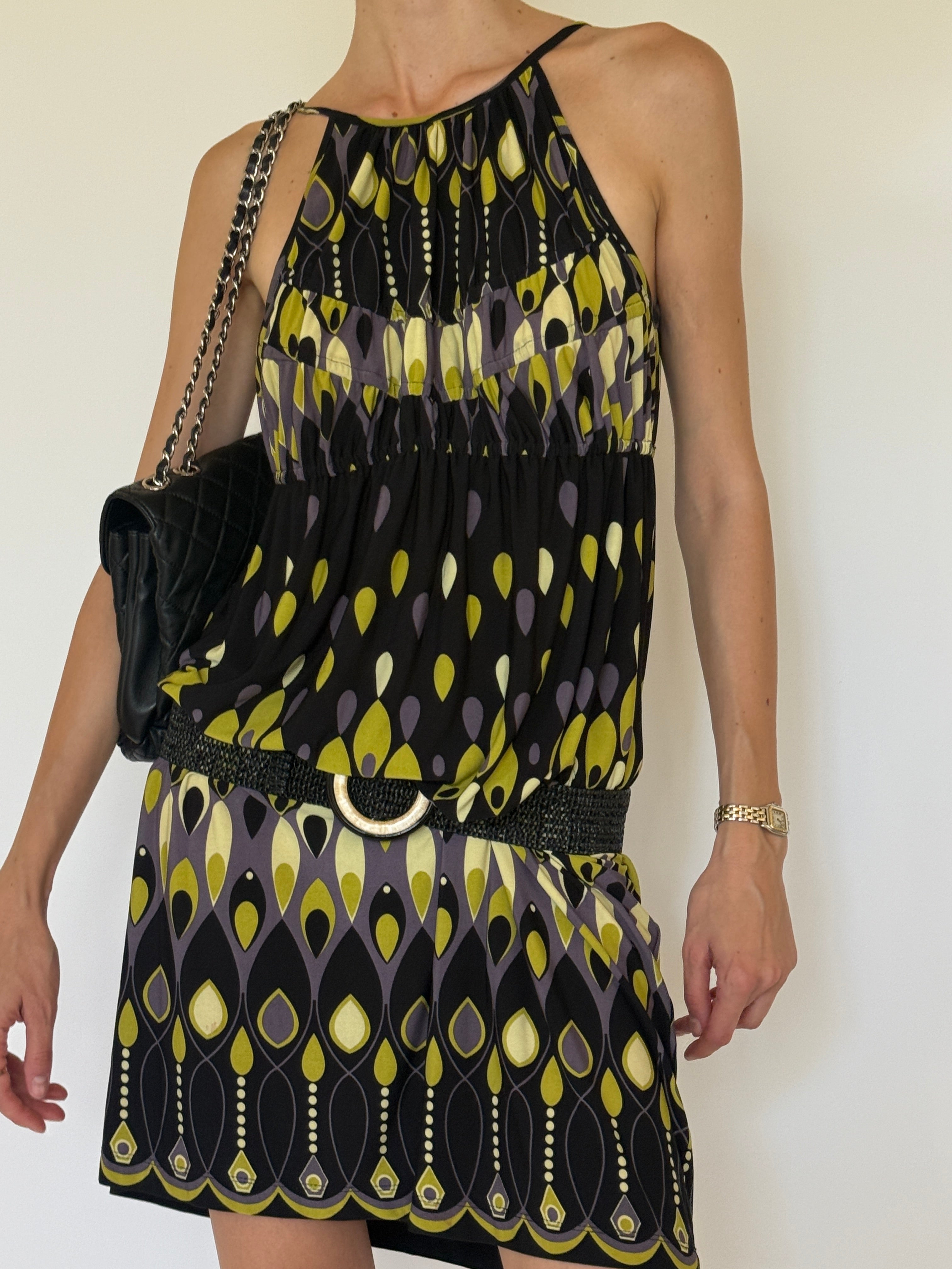 Vintage geometric print halter mini dress front view.