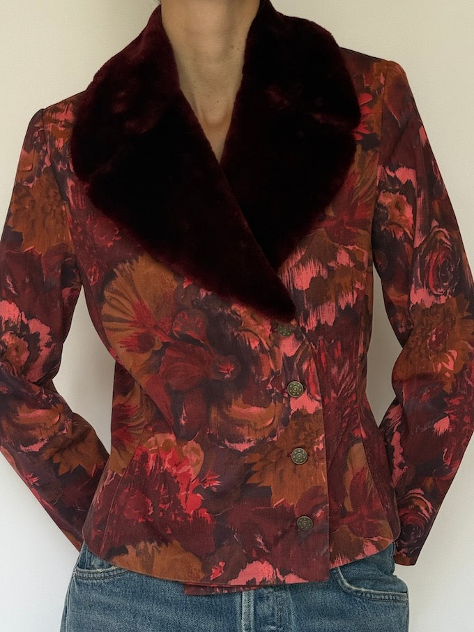 Vintage Floral Jacquard Faux-Collar Blazer 6636