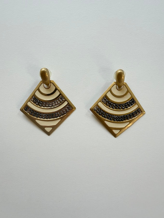Vintage Geometric Art Deco Earrings in Gold & Cream