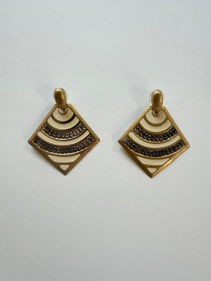 Vintage Geometric Art Deco Earrings in Gold & Cream