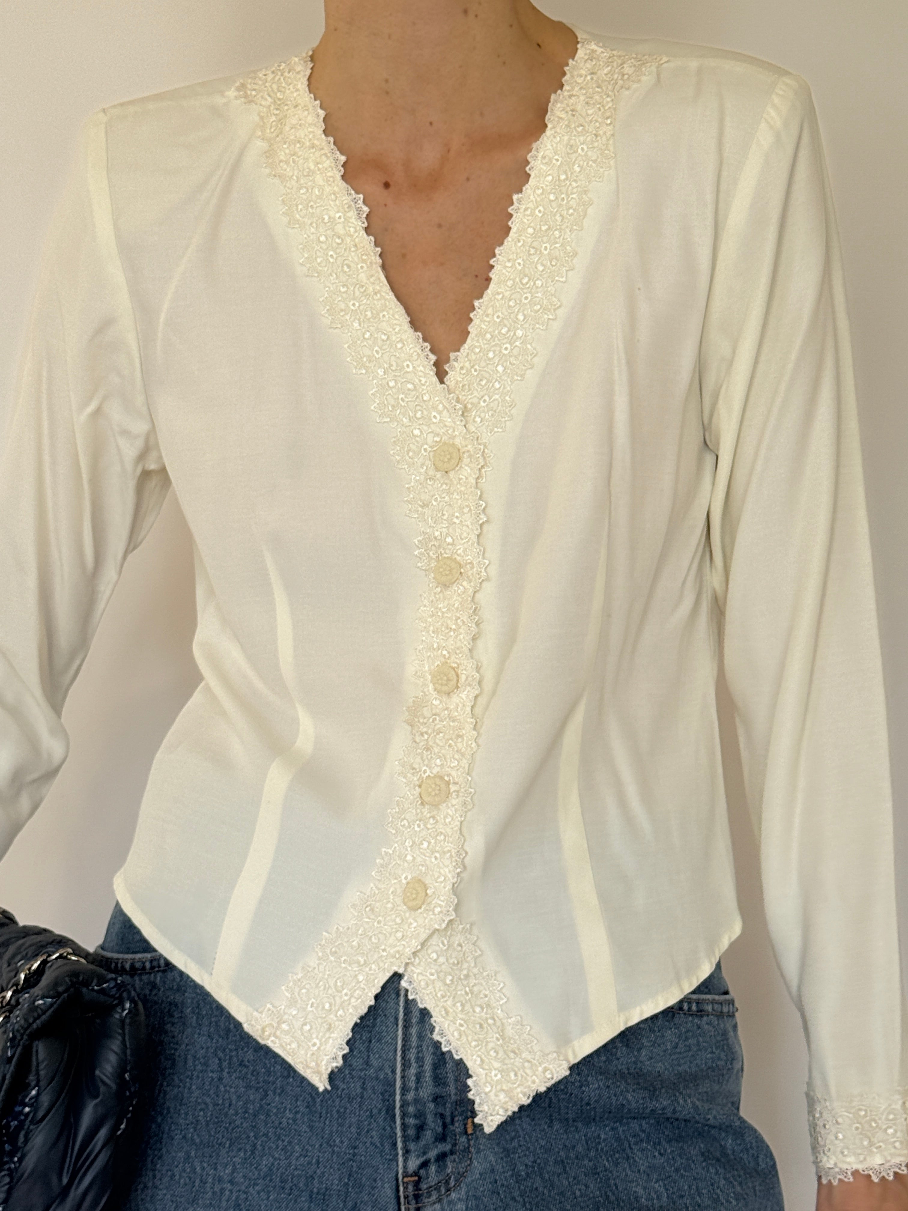Vintage ivory lace trim button-down blouse front view
