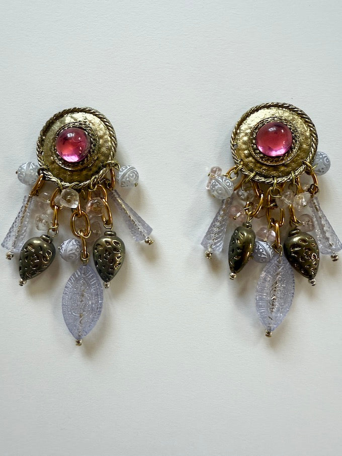 Vintage Dangle Earrings with Pink Jewel Center
