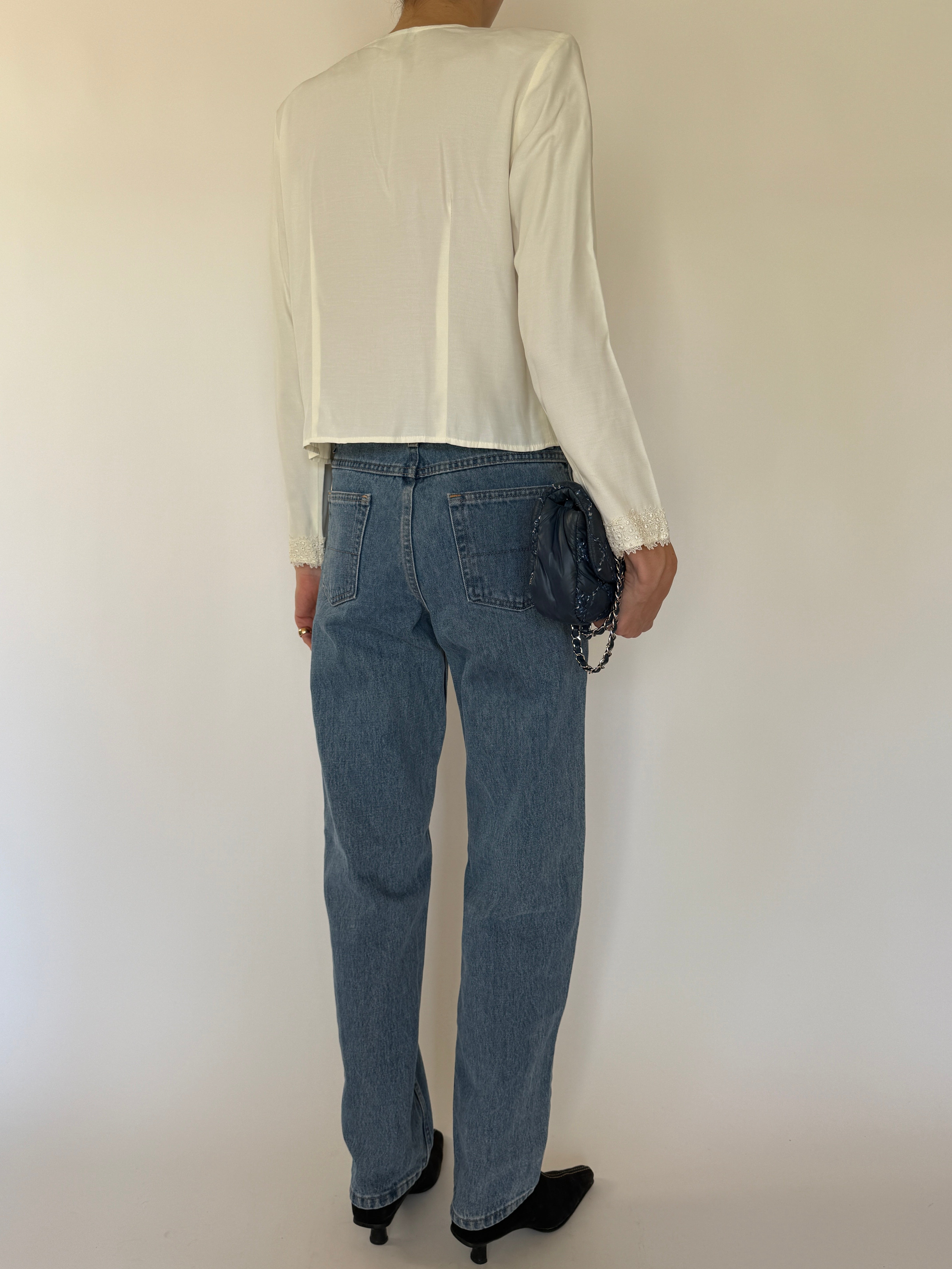 Vintage ivory lace trim button-down blouse back view