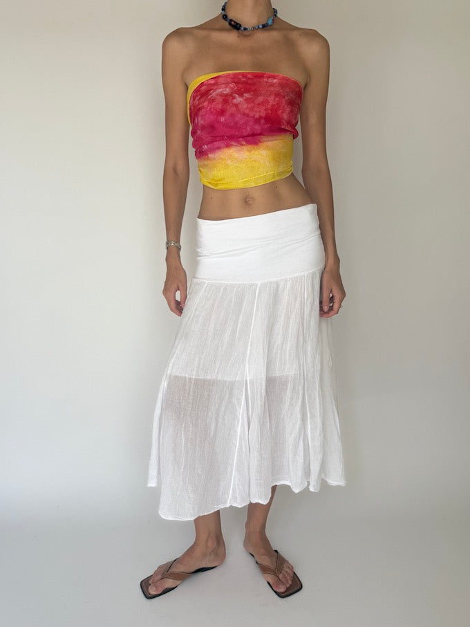 Vintage sarong tied as a top pink & yellow 6284