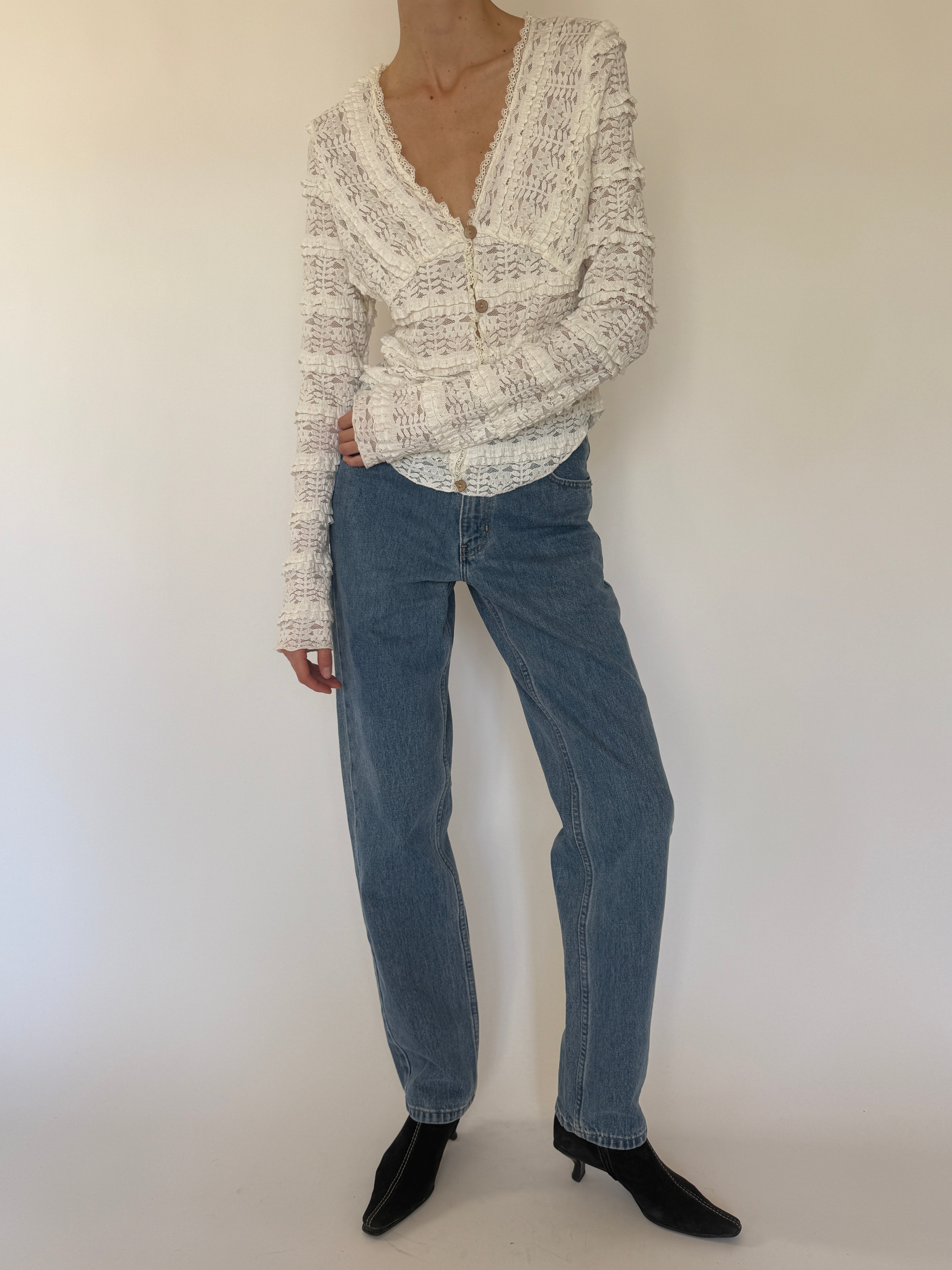 Vintage ivory lace ruffle blouse front view