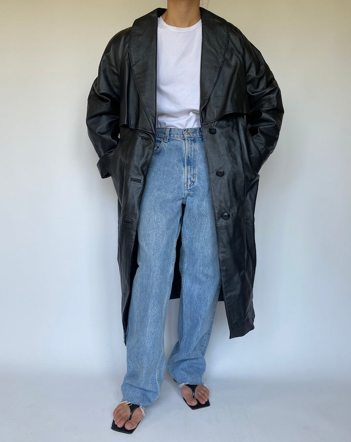 VINTAGE BLACK LONG LEATHER TRENCH COAT 3356