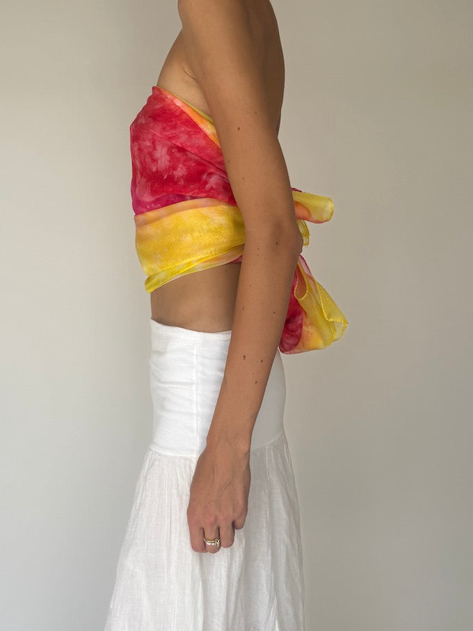 Vintage sarong tied as a top pink & yellow 6284