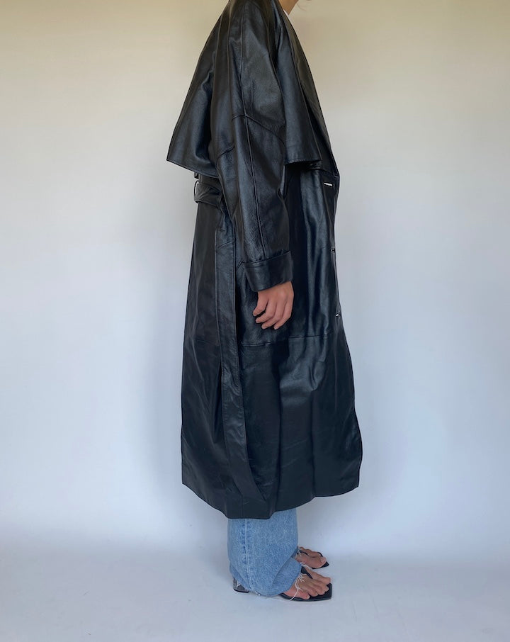VINTAGE BLACK LONG LEATHER TRENCH COAT 3356