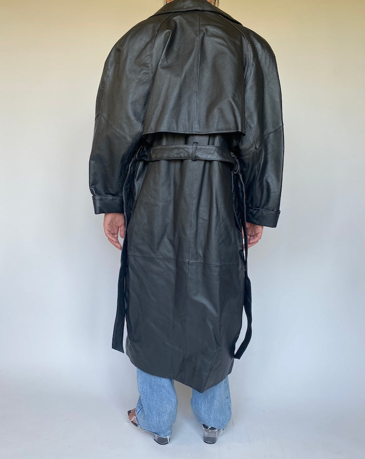 VINTAGE BLACK LONG LEATHER TRENCH COAT 3356