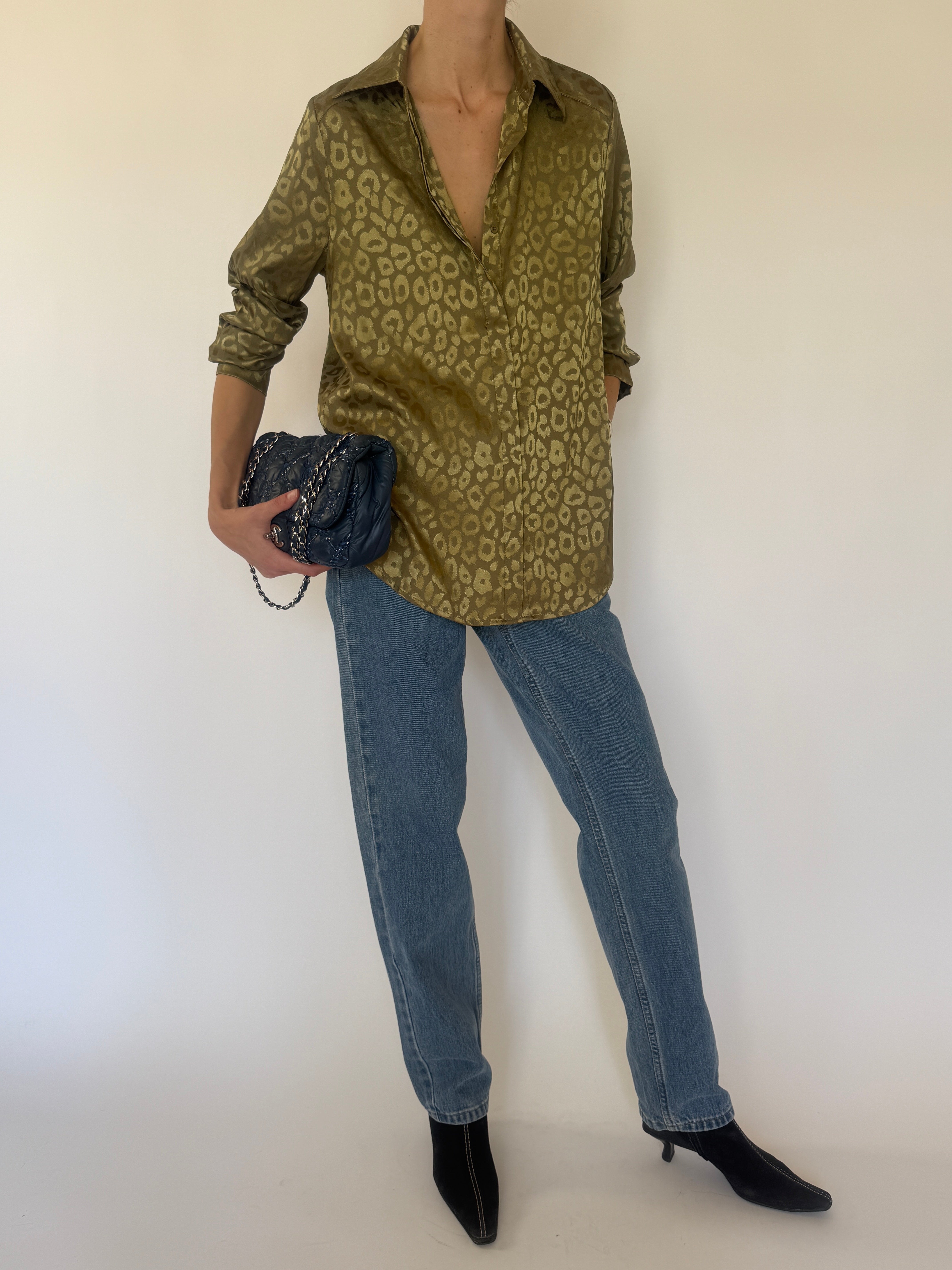 Vintage olive leopard shirt side view