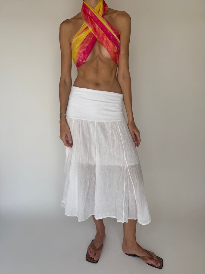 Vintage sarong tied as a top pink & yellow 6284