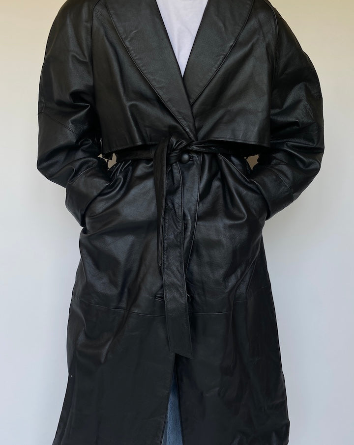 VINTAGE BLACK LONG LEATHER TRENCH COAT 3356